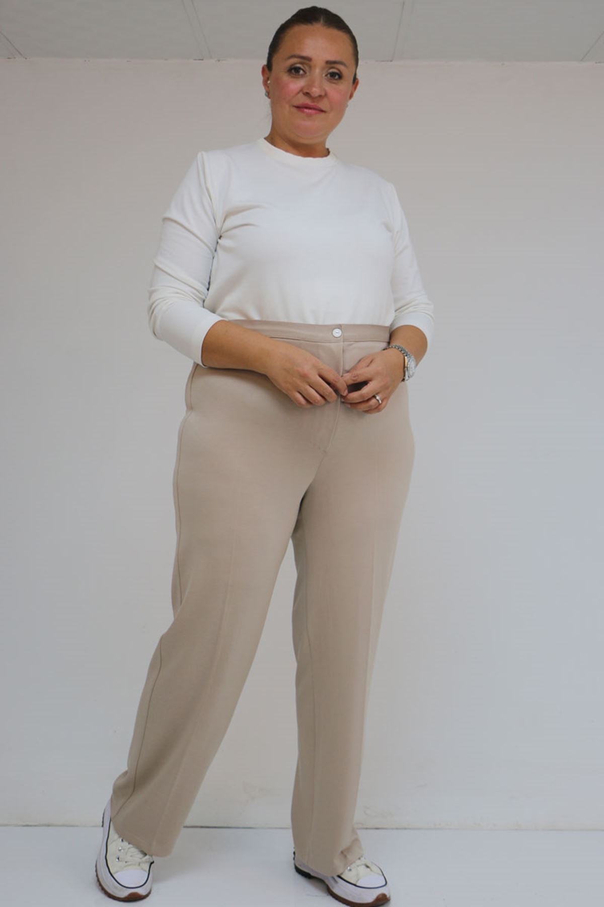 59030 Büyük Beden Düğmeli Fermuarlı Modal Pantolon - Vizon