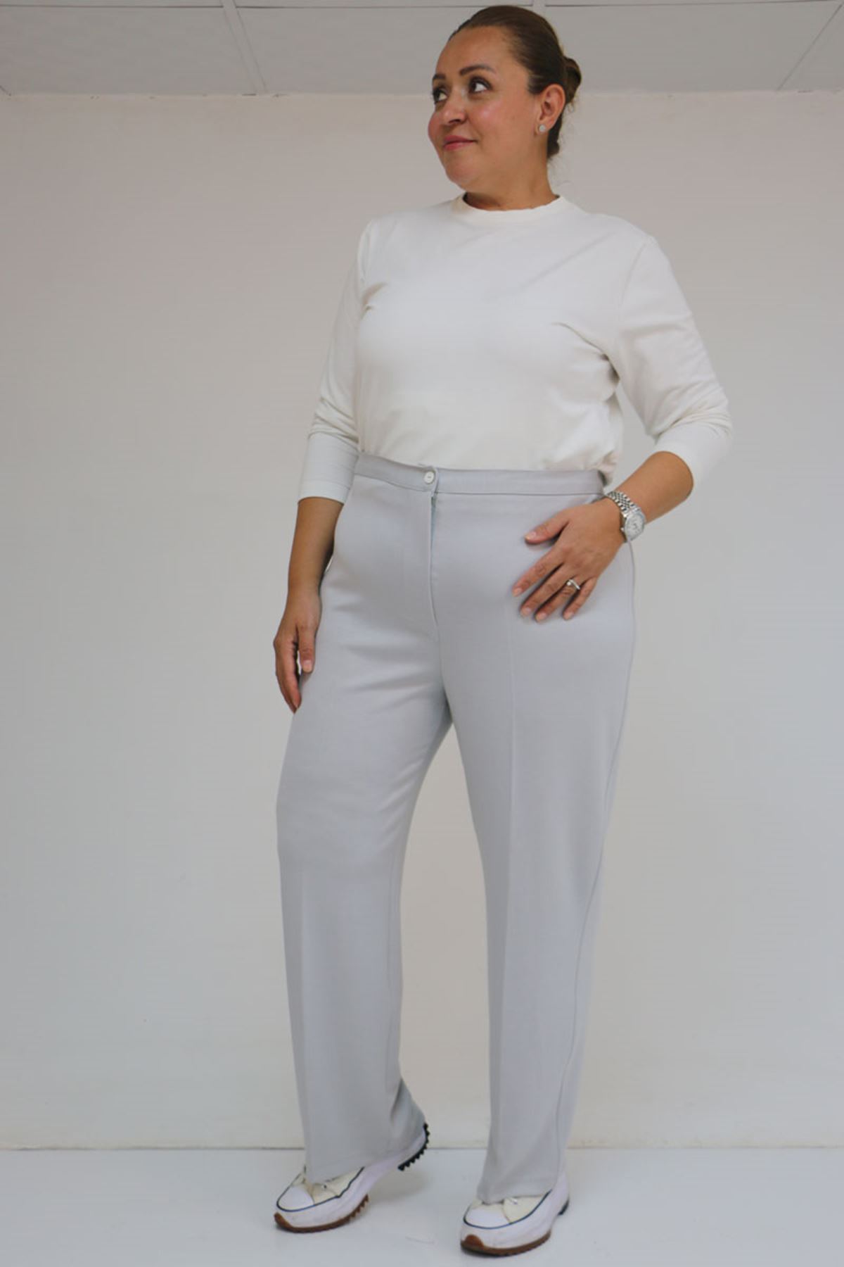 59030 Büyük Beden Düğmeli Fermuarlı Modal Pantolon - Gri