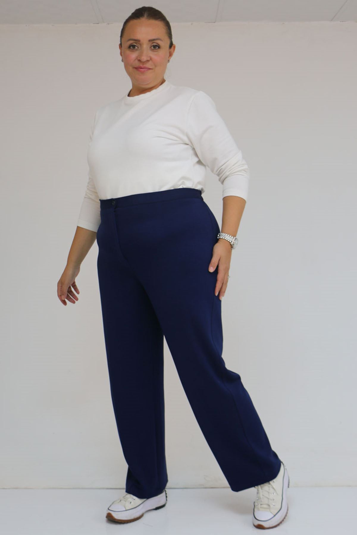 59030 Büyük Beden Düğmeli Fermuarlı Modal Pantolon - İndigo