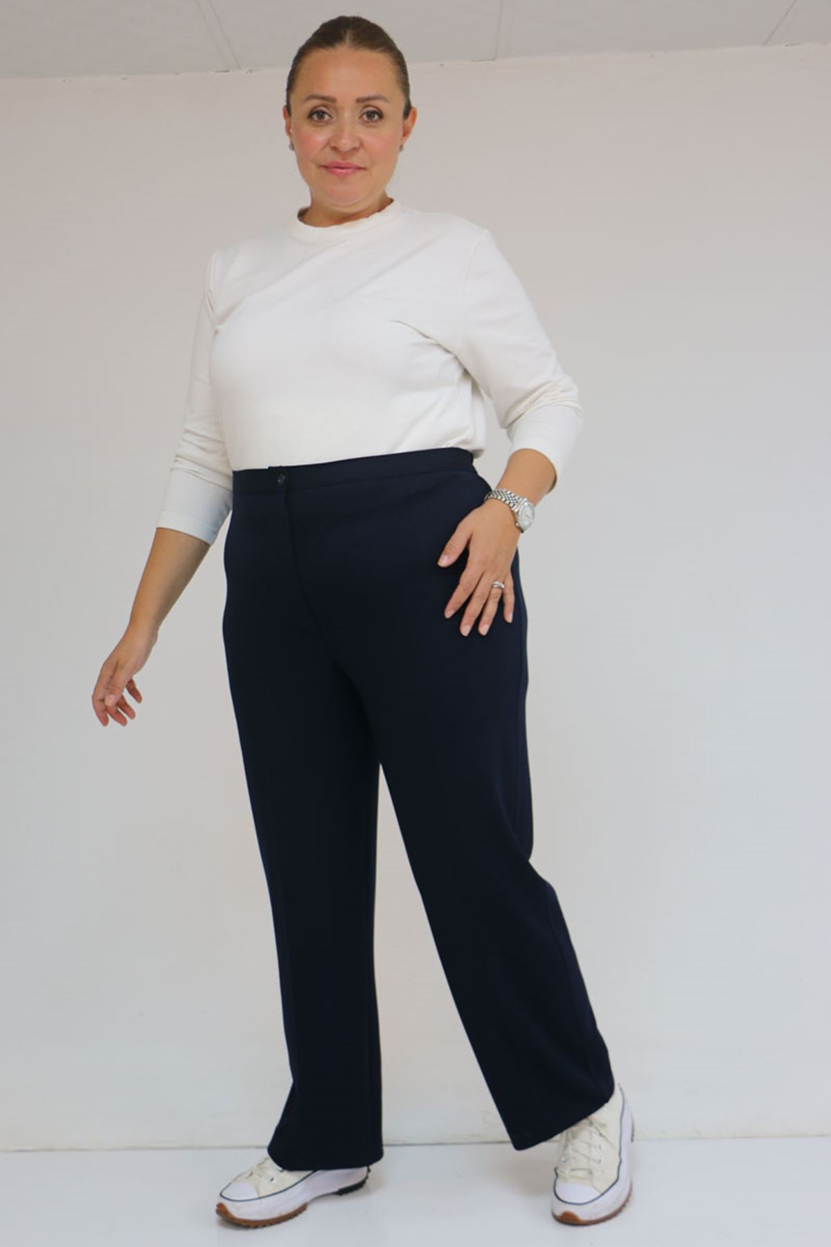 59030 Büyük Beden Düğmeli Fermuarlı Modal Pantolon - Lacivert