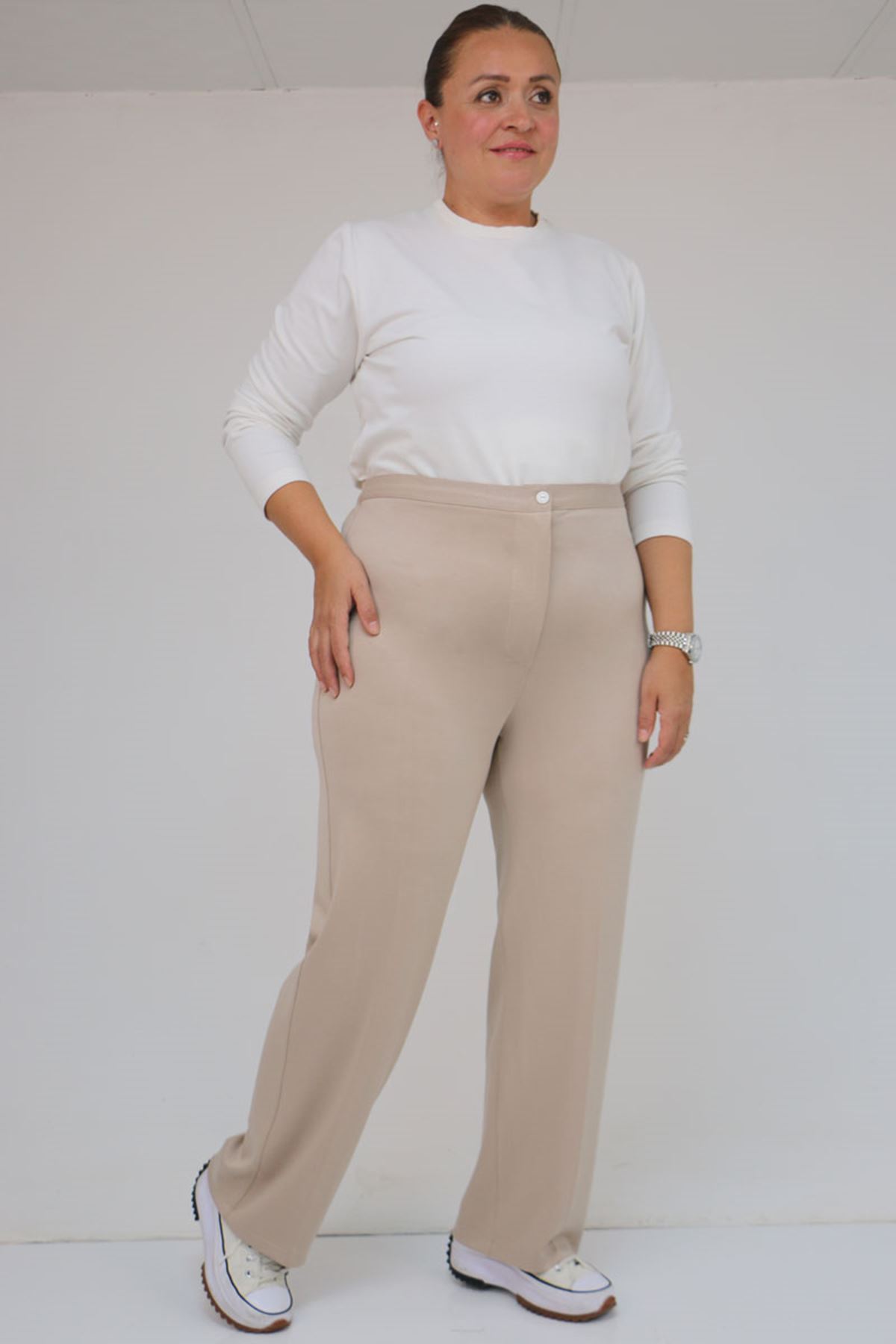 59030 Büyük Beden Düğmeli Fermuarlı Modal Pantolon - Vizon