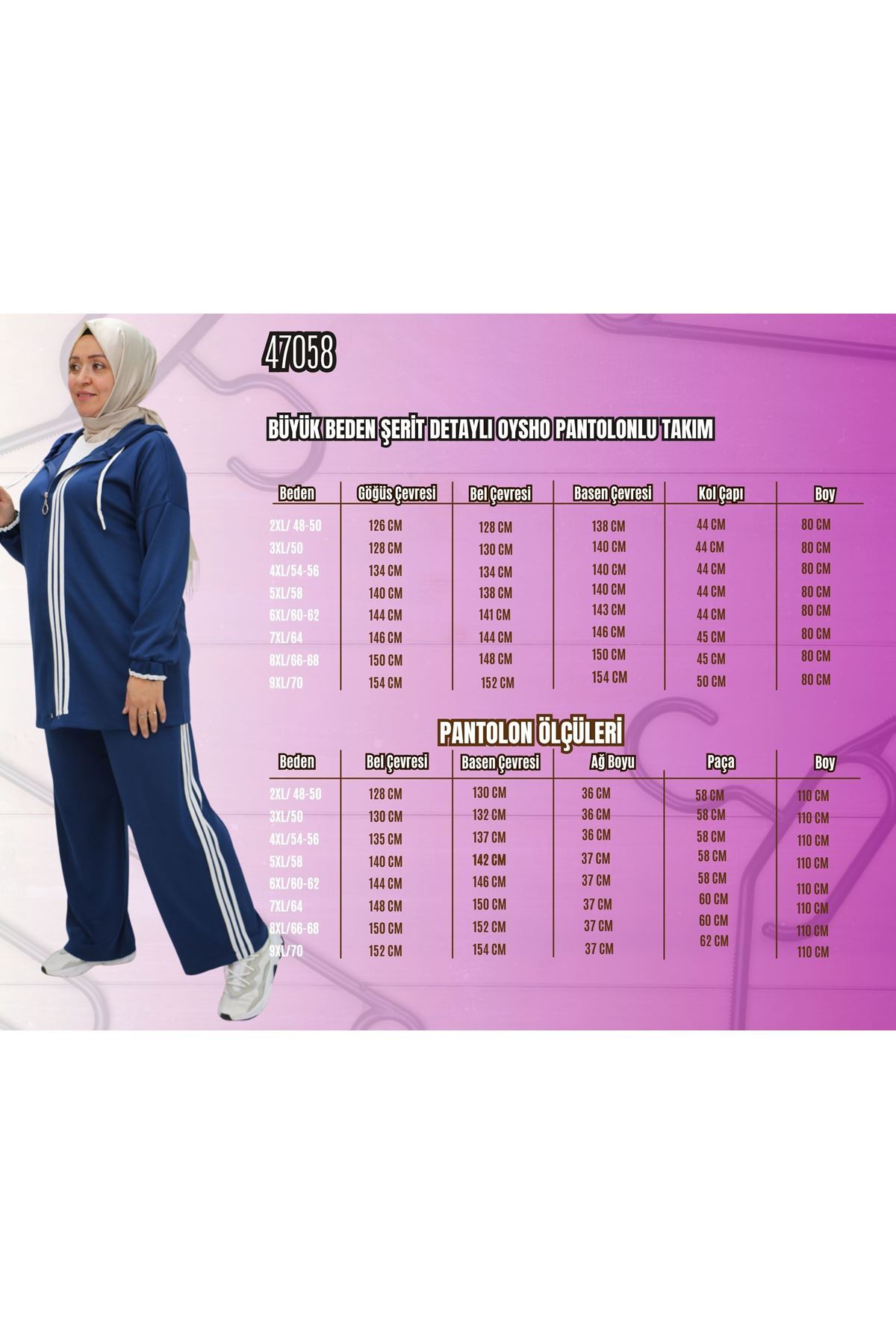 47058 Büyük Beden Şerit Detaylı Modal Pantolonlu Takım - Siyah