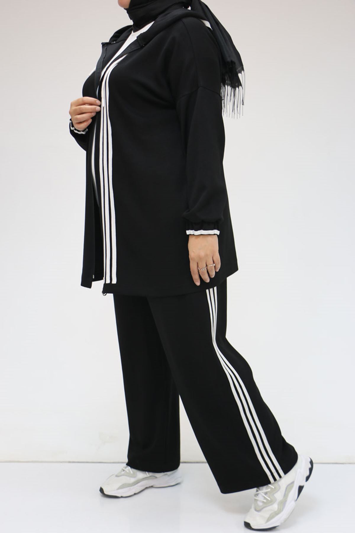 47058 Büyük Beden Şerit Detaylı Modal Pantolonlu Takım - Siyah