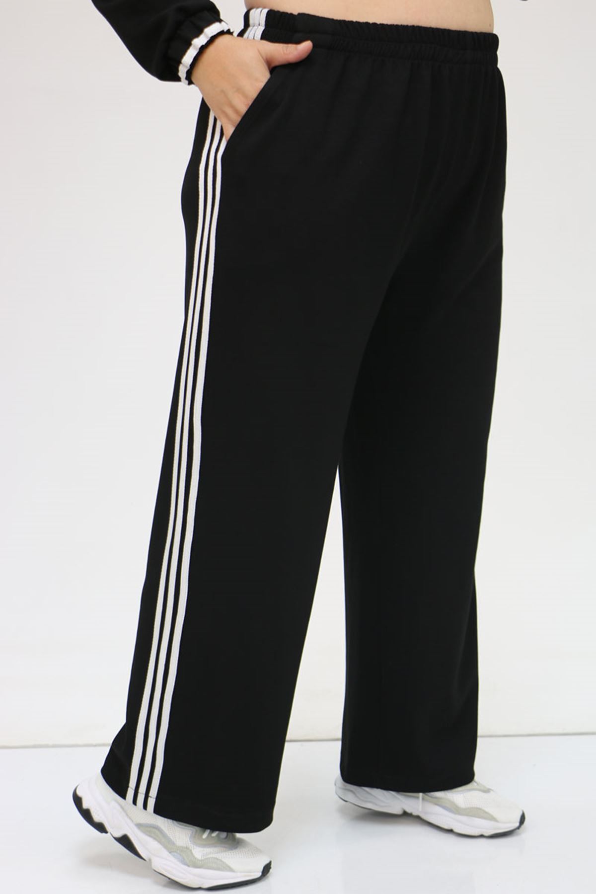 47058 Büyük Beden Şerit Detaylı Modal Pantolonlu Takım - Siyah