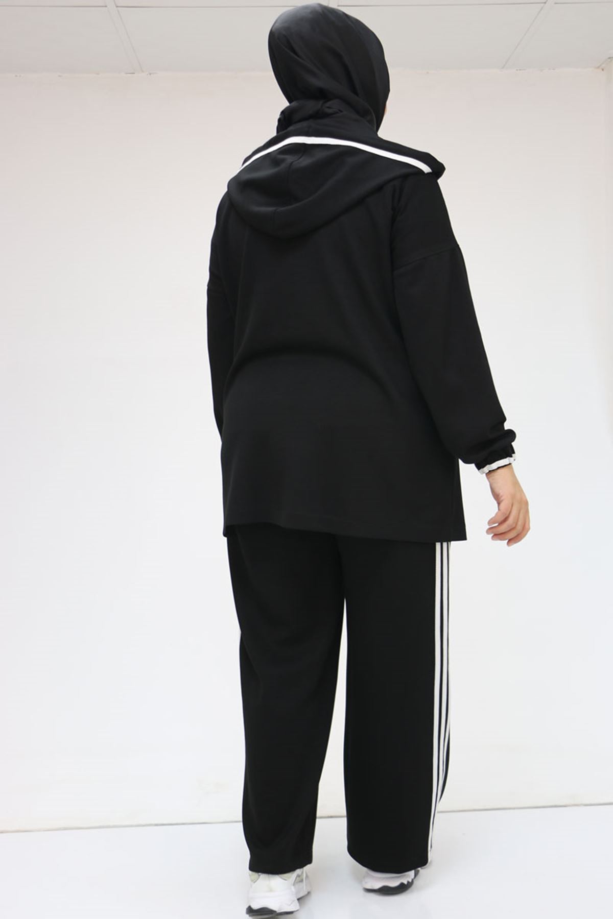 47058 Büyük Beden Şerit Detaylı Modal Pantolonlu Takım - Siyah