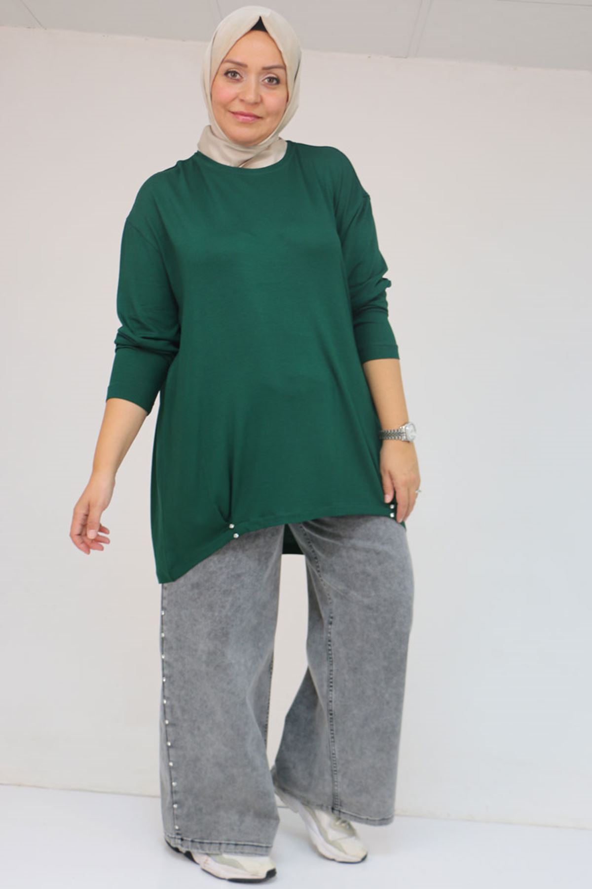 58121 Büyük Beden Yanları Biyeli Çilek Tunik - Zümrüt