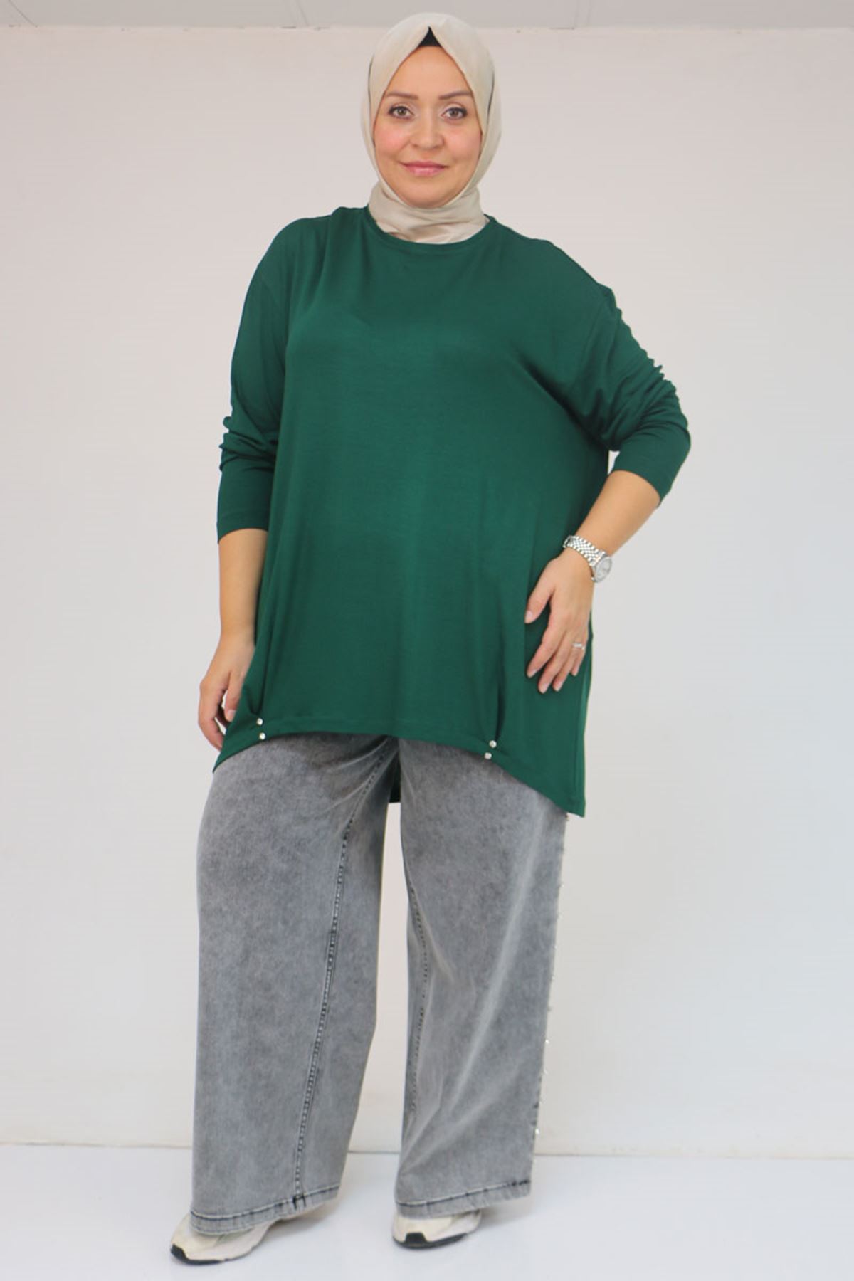 58121 Büyük Beden Yanları Biyeli Çilek Tunik - Zümrüt