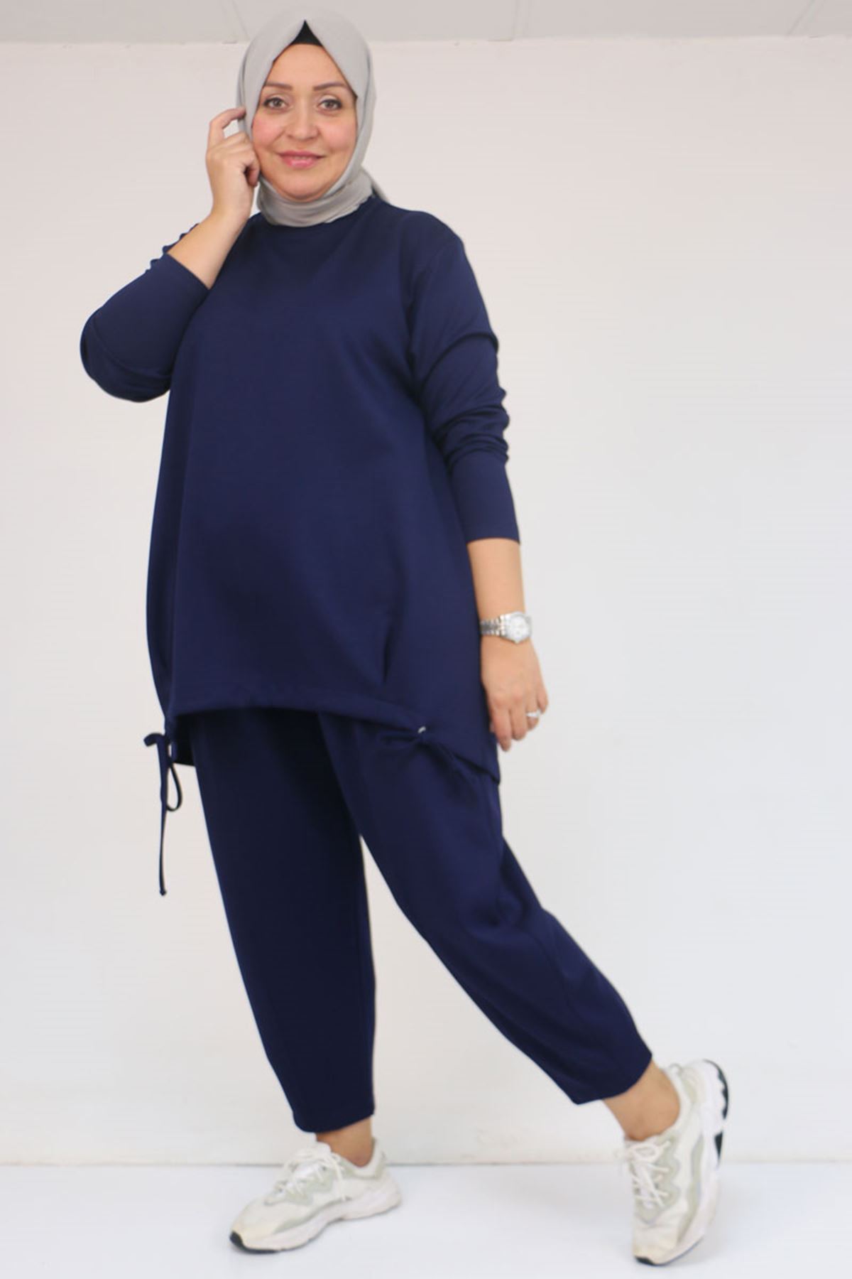 57045 Büyük Beden Önü Bağlama İp Detaylı Modal Pantolonlu Takım - İndigo