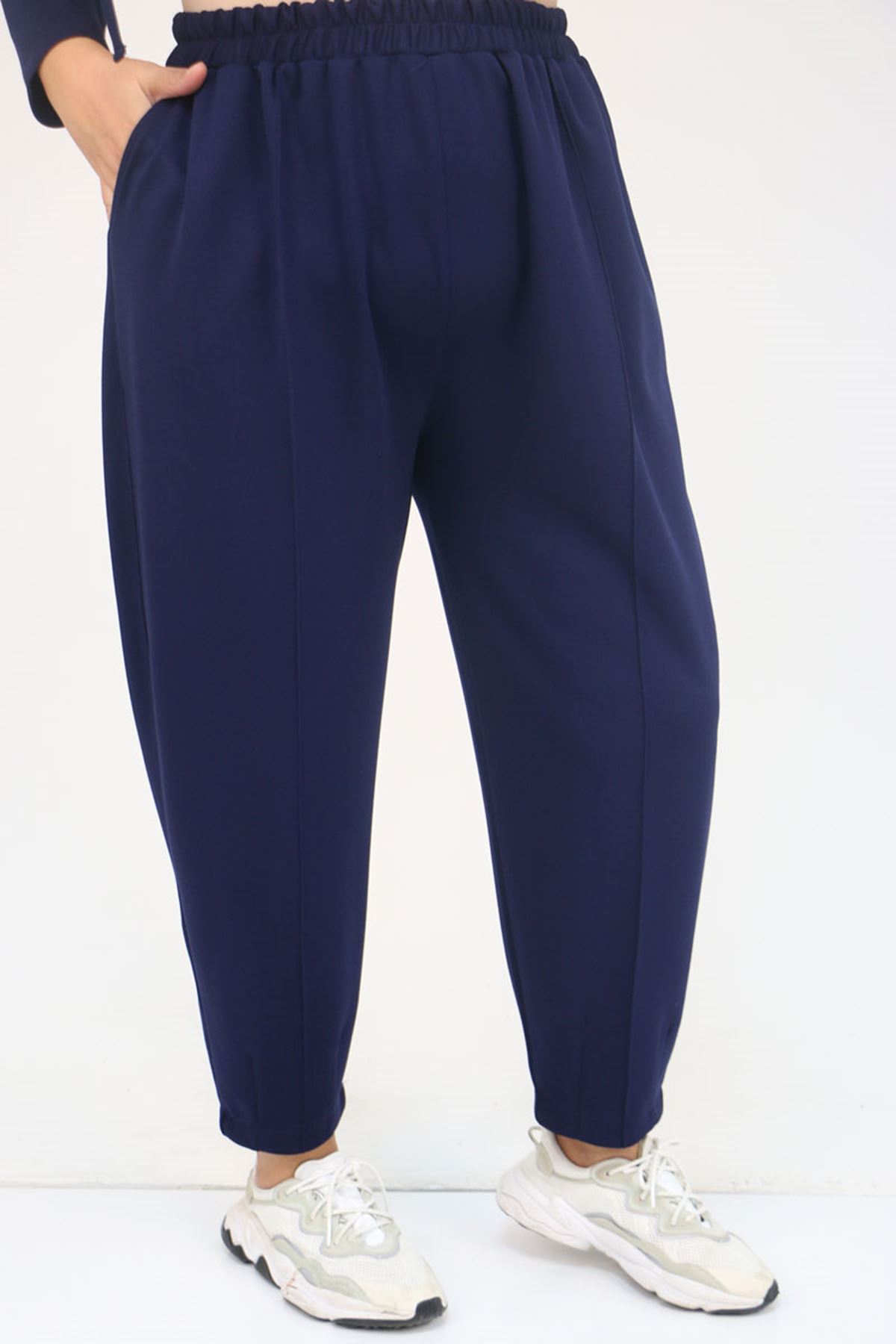 57045 Büyük Beden Önü Bağlama İp Detaylı Modal Pantolonlu Takım - İndigo