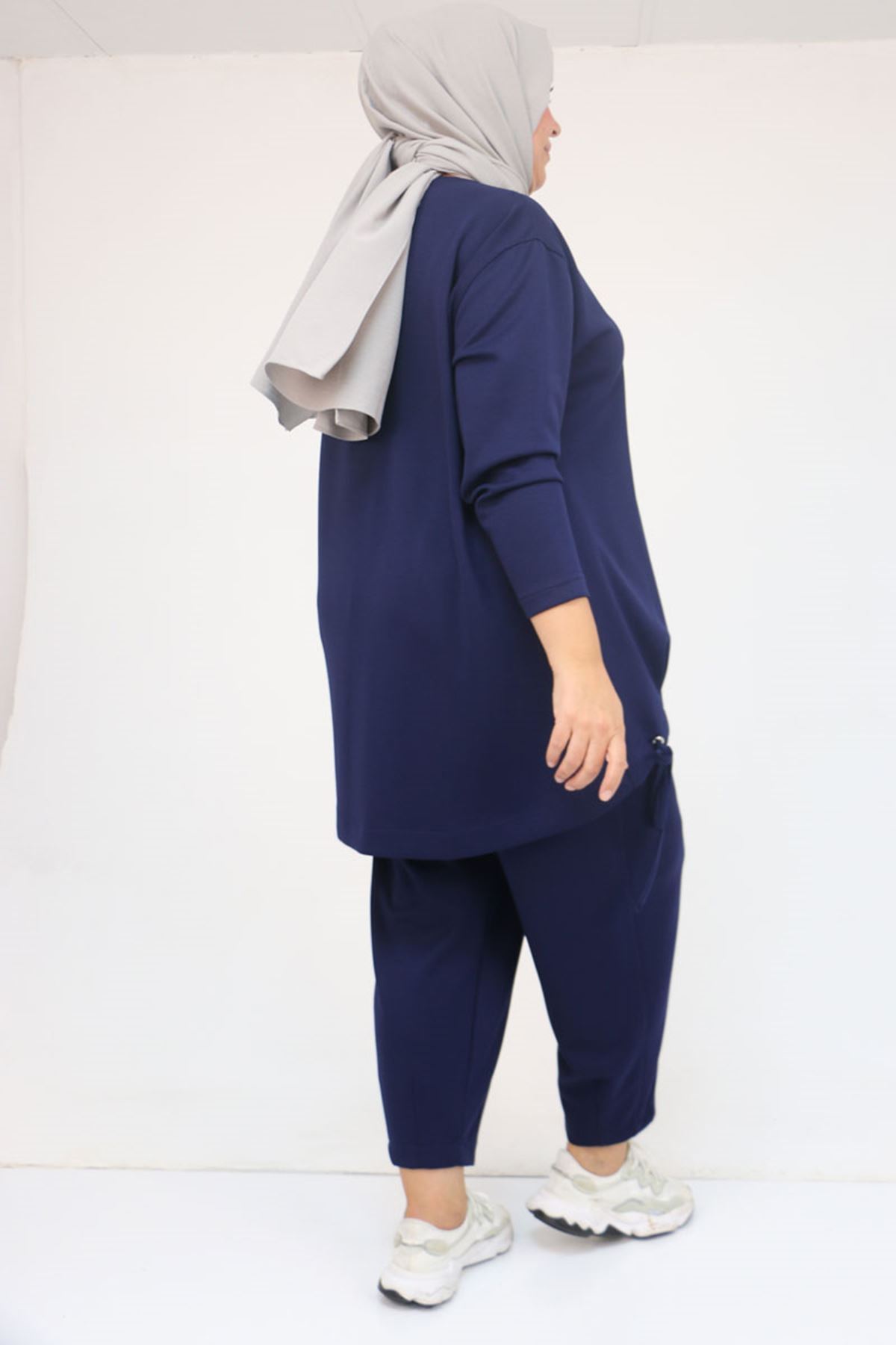 57045 Büyük Beden Önü Bağlama İp Detaylı Modal Pantolonlu Takım - İndigo