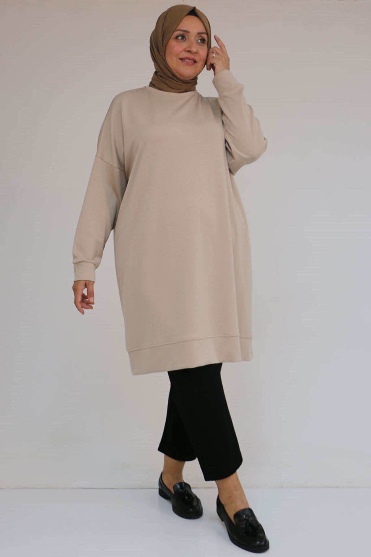 58151 Büyük Beden Kol Ve Etek Ucu Kendinden Ribanalı Modal Tunik - Vizon