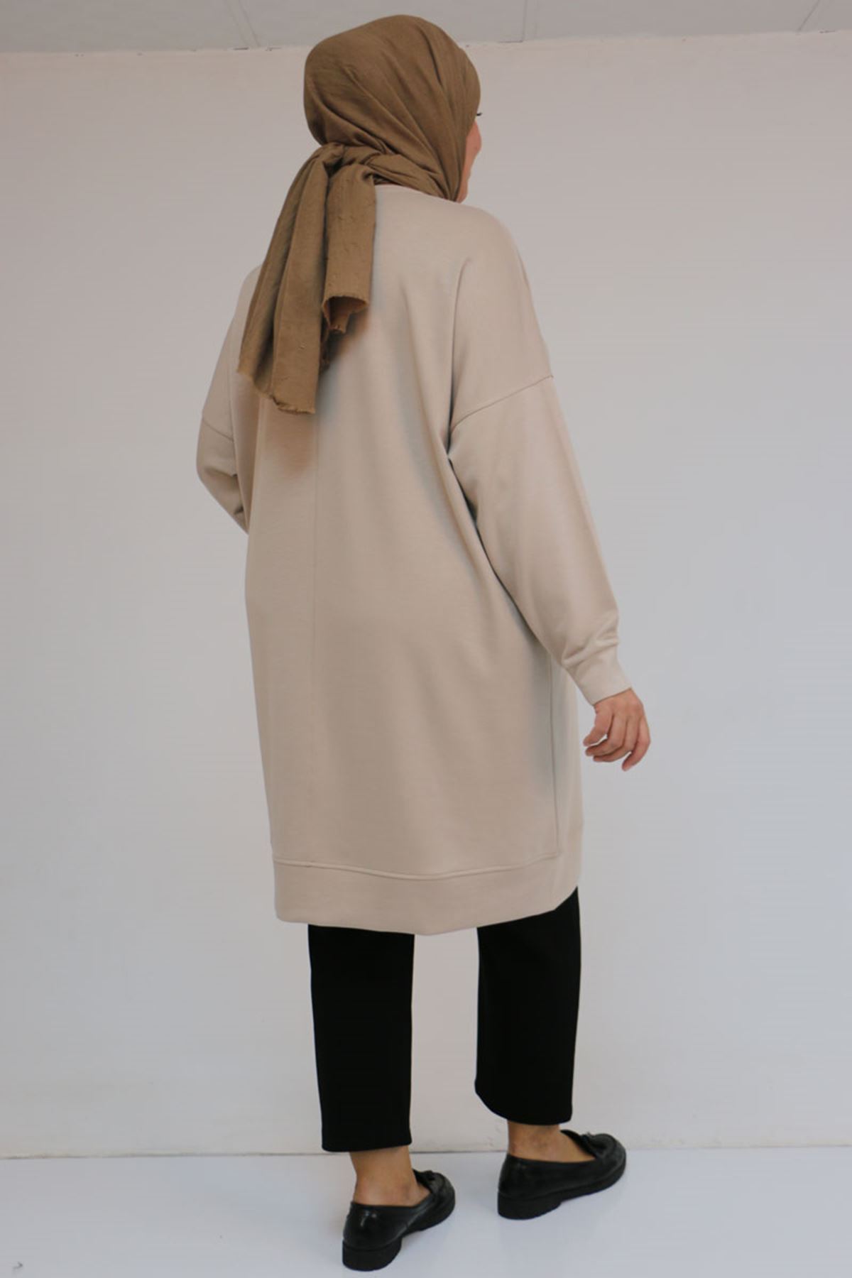 58151 Büyük Beden Kol Ve Etek Ucu Kendinden Ribanalı Modal Tunik - Vizon