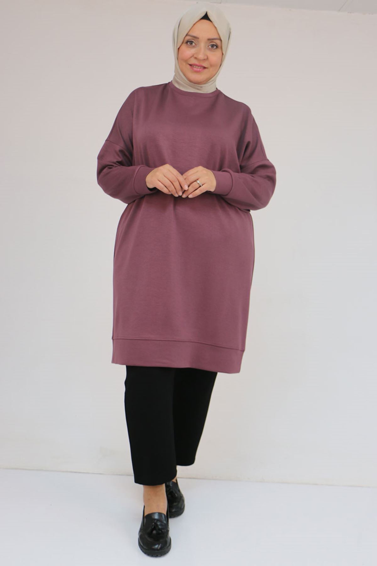 58151 Büyük Beden Kol Ve Etek Ucu Kendinden Ribanalı Modal Tunik - Gül Kurusu