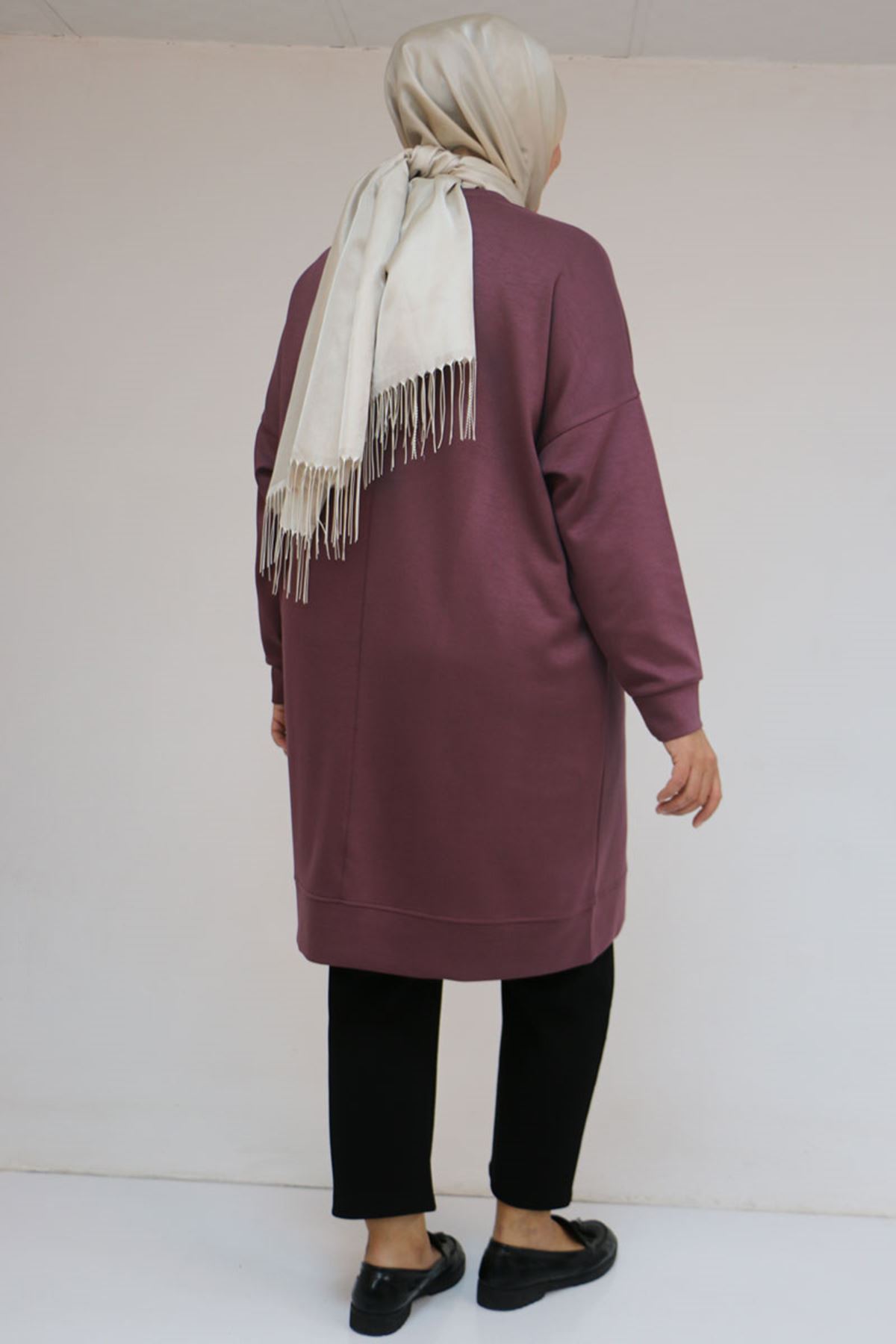 58151 Büyük Beden Kol Ve Etek Ucu Kendinden Ribanalı Modal Tunik - Gül Kurusu