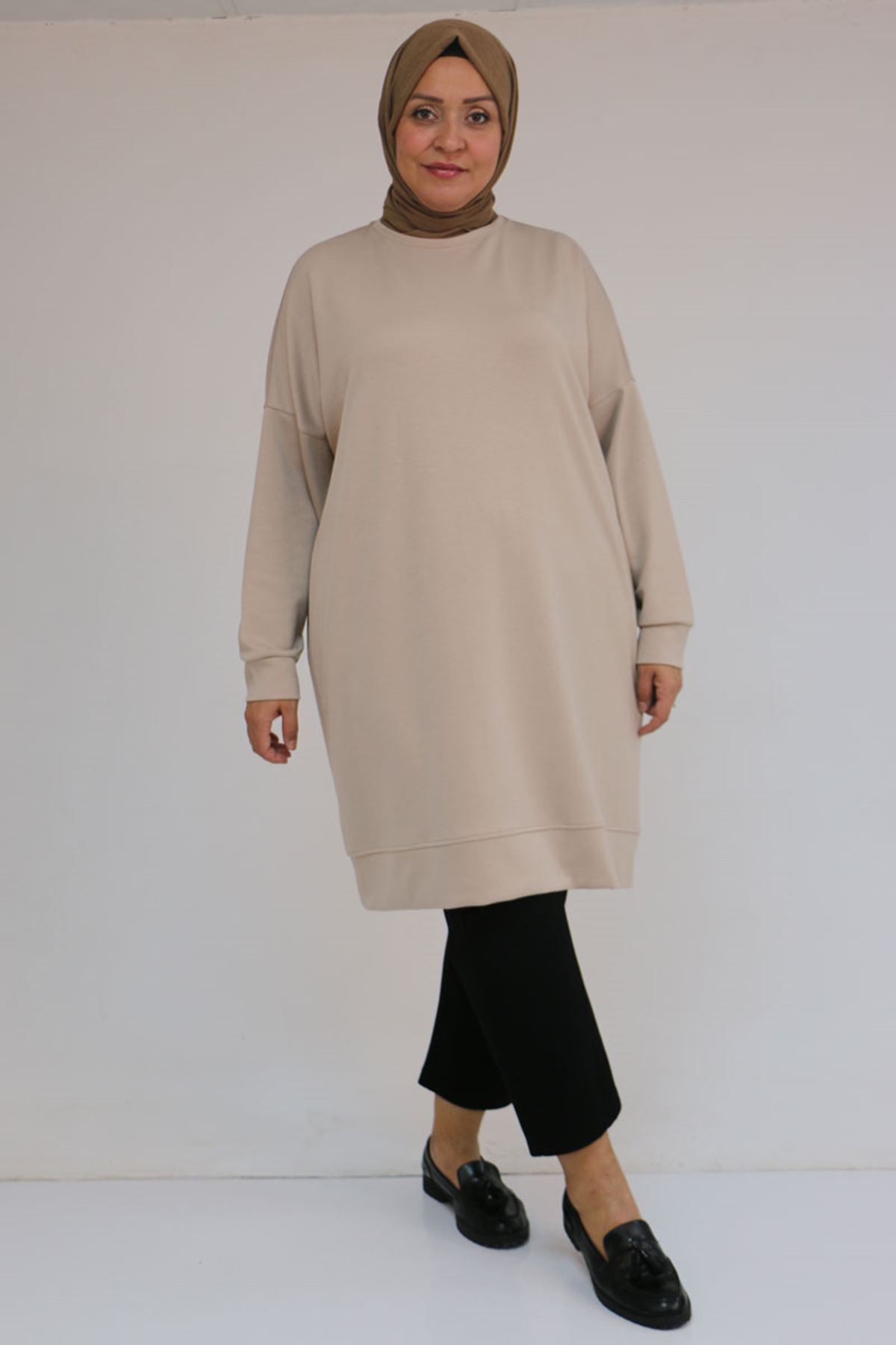 58151 Büyük Beden Kol Ve Etek Ucu Kendinden Ribanalı Modal Tunik - Vizon