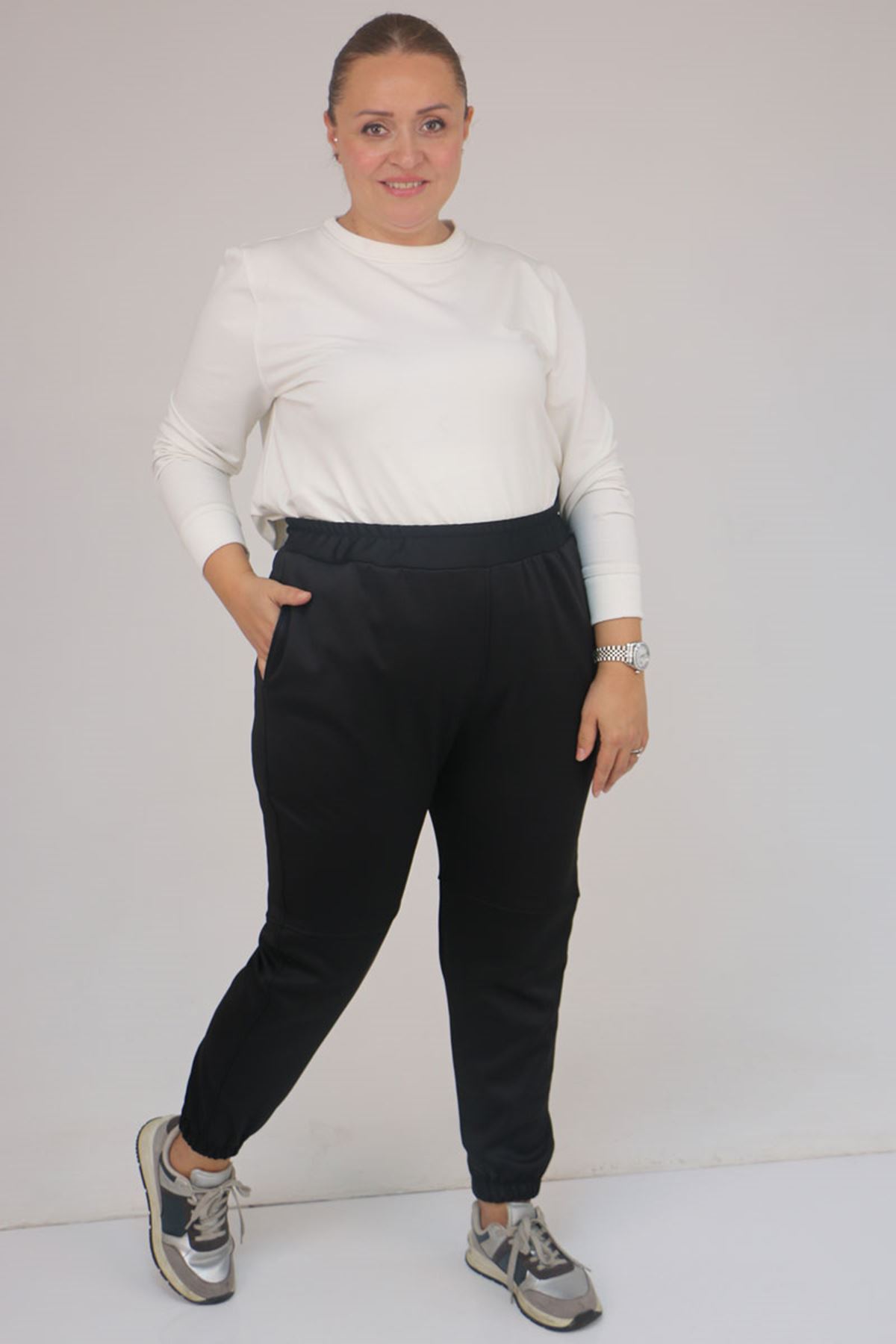 59508 Büyük Beden Parçalı Beli Lastikli Tayt - Siyah