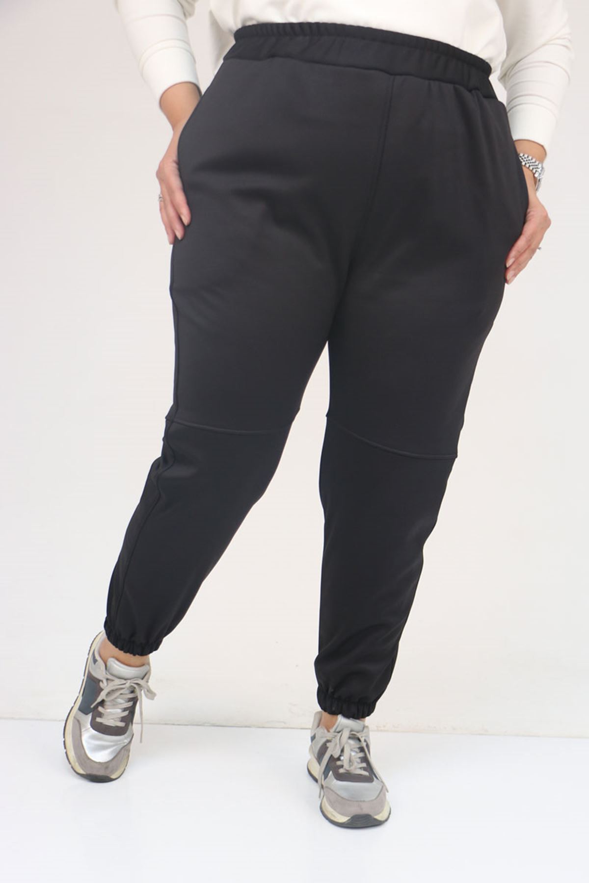 59508 Büyük Beden Parçalı Beli Lastikli Tayt - Siyah