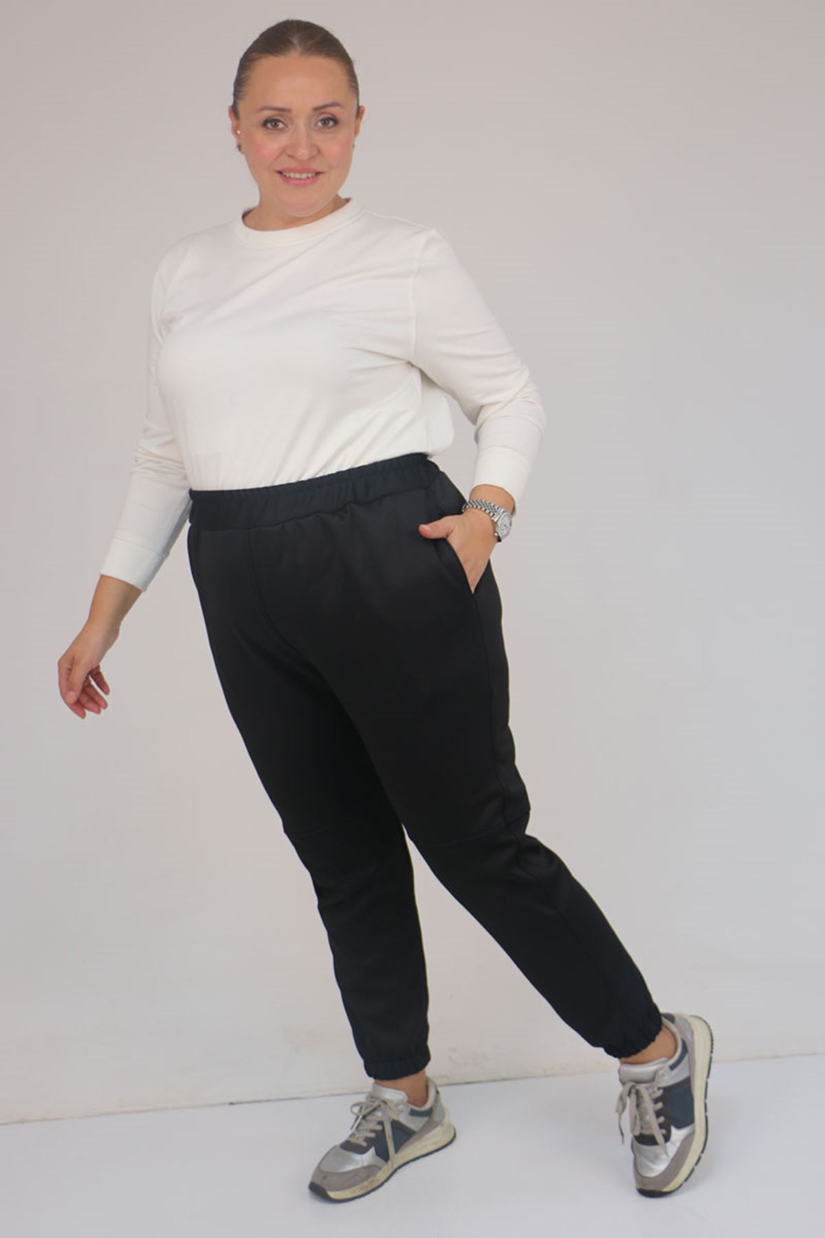 59508 Büyük Beden Parçalı Beli Lastikli Tayt - Siyah