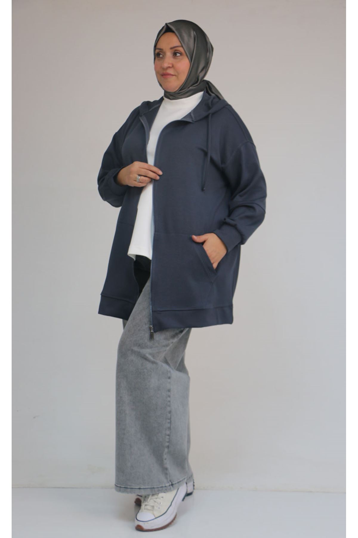 53057  Büyük Beden  Kapüşonlu Fermuarlı Modal Ceket - Antrasit