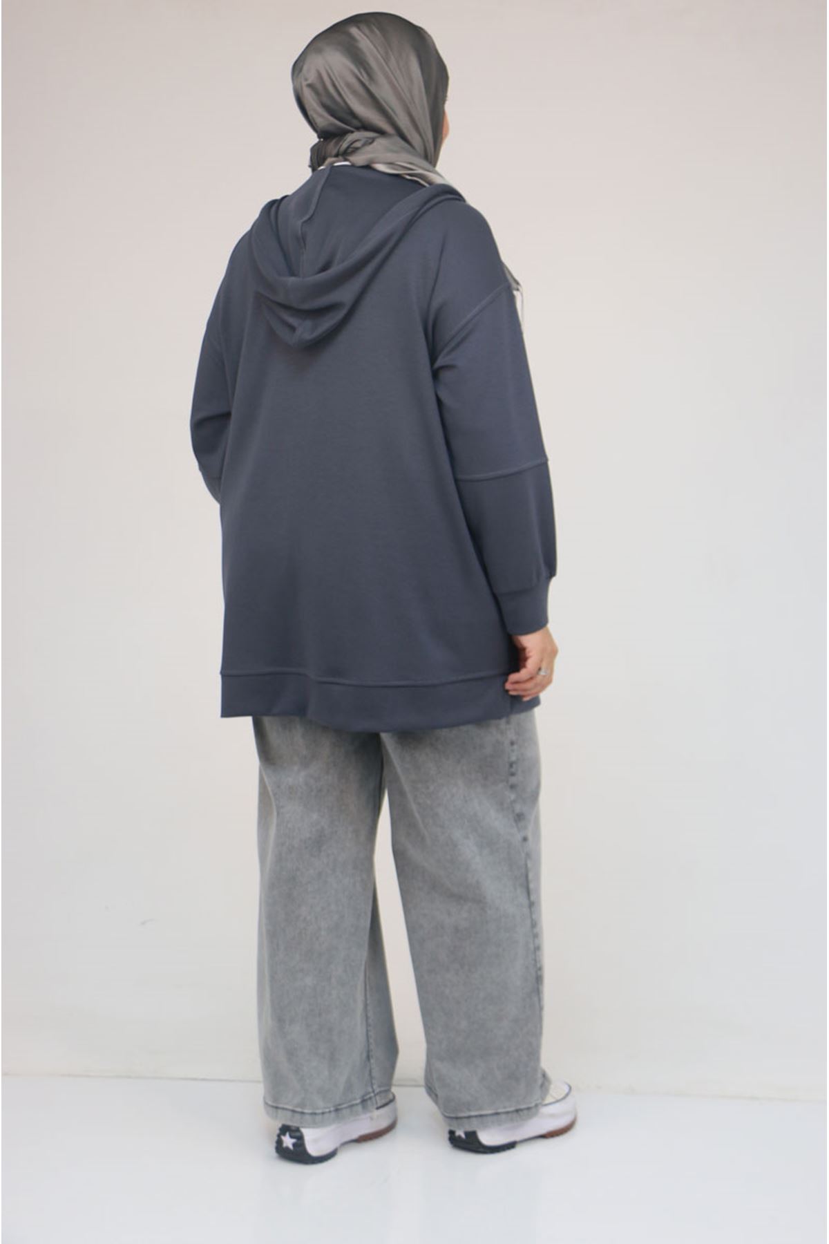 53057  Büyük Beden  Kapüşonlu Fermuarlı Modal Ceket - Antrasit