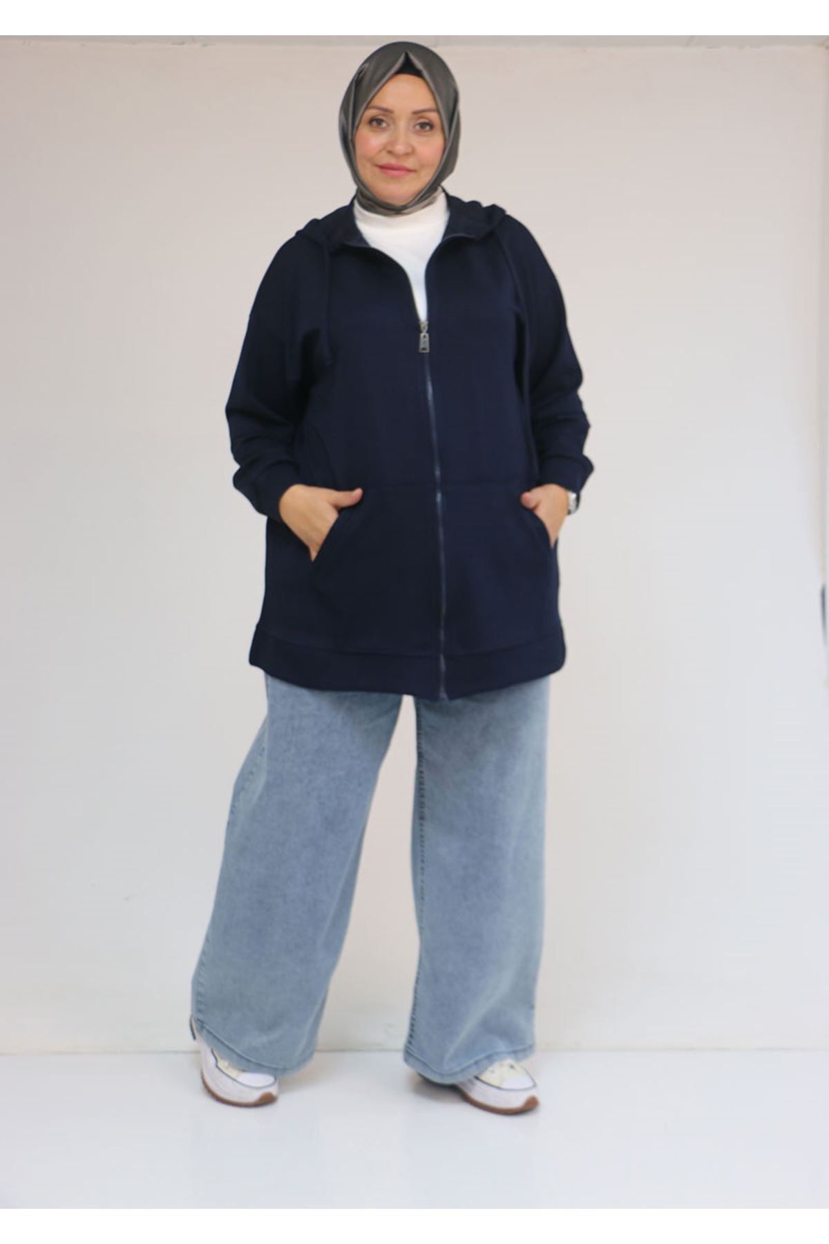 53057  Büyük Beden  Kapüşonlu Fermuarlı Modal Ceket - Lacivert