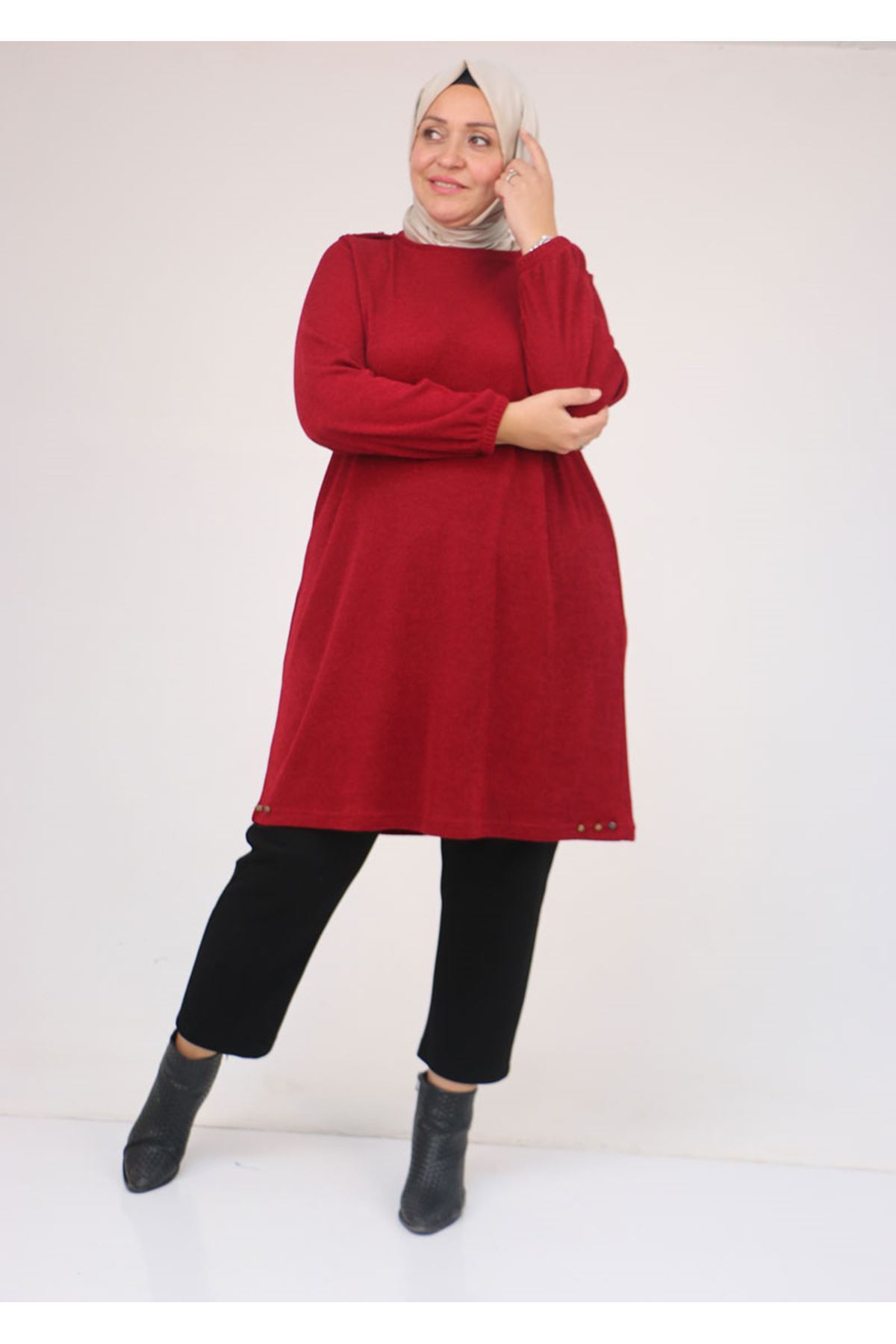 58155 Büyük Beden Kolları Lastikli Perçinli Mir Tunik - Bordo