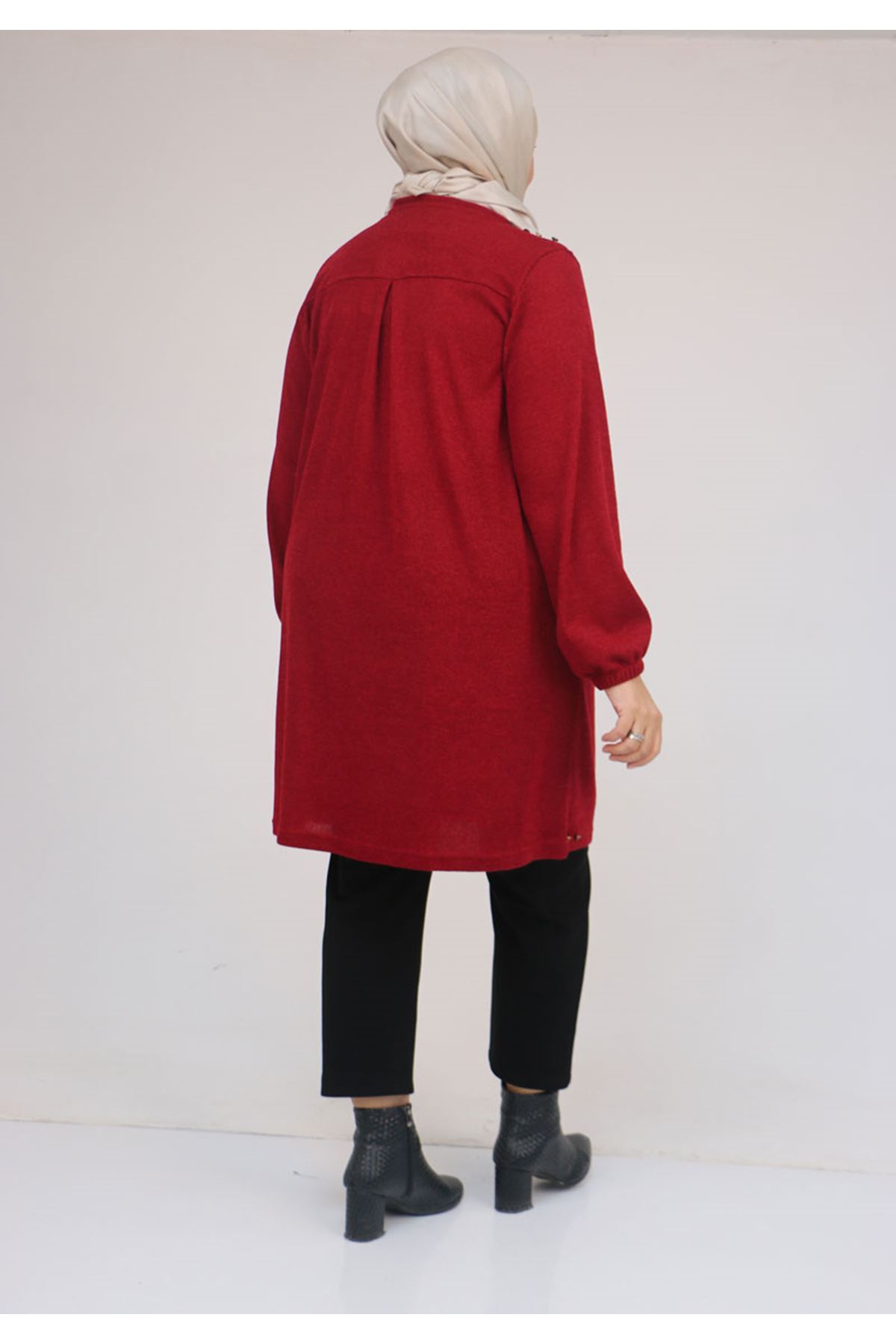 58155 Büyük Beden Kolları Lastikli Perçinli Mir Tunik - Bordo