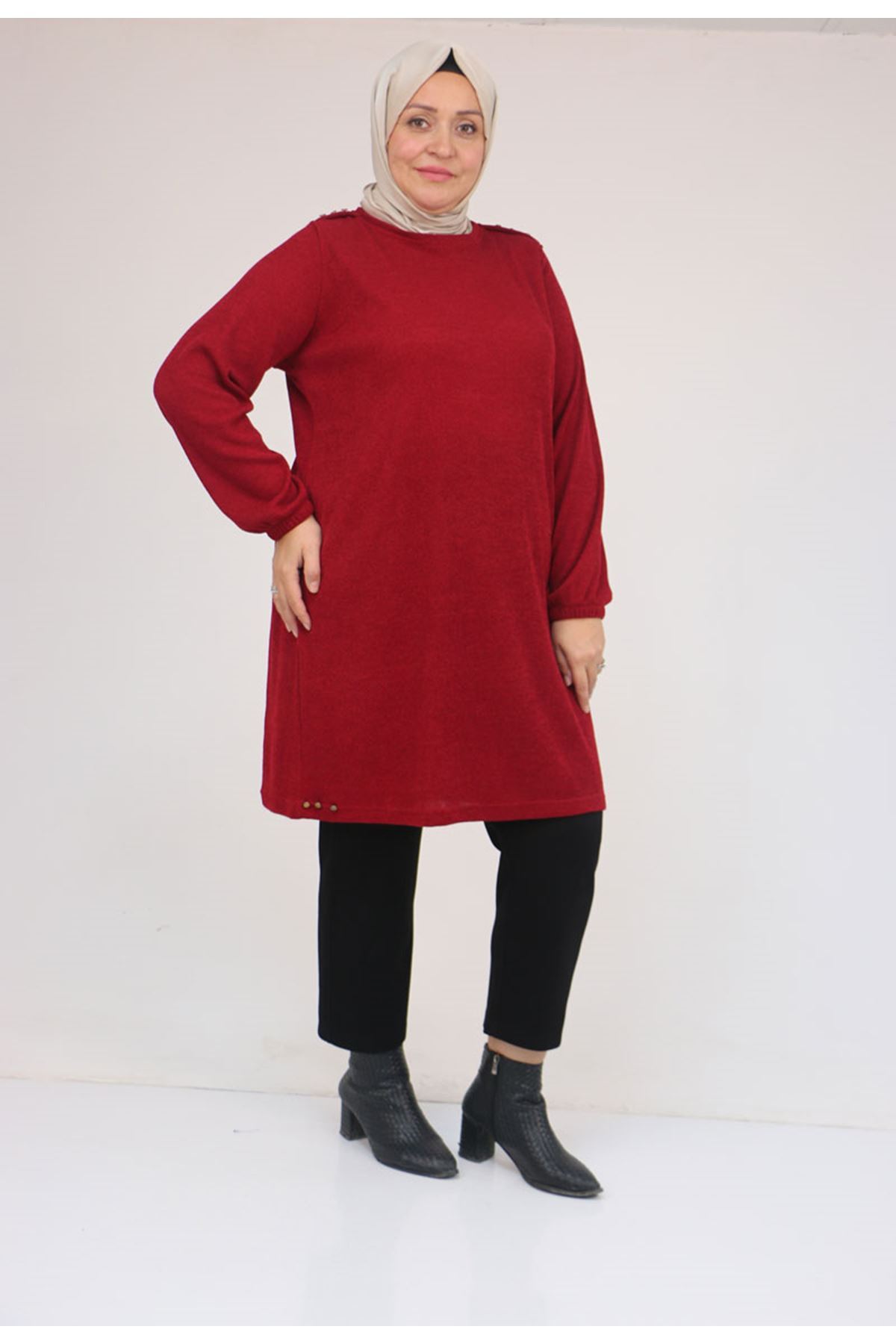 58155 Büyük Beden Kolları Lastikli Perçinli Mir Tunik - Bordo