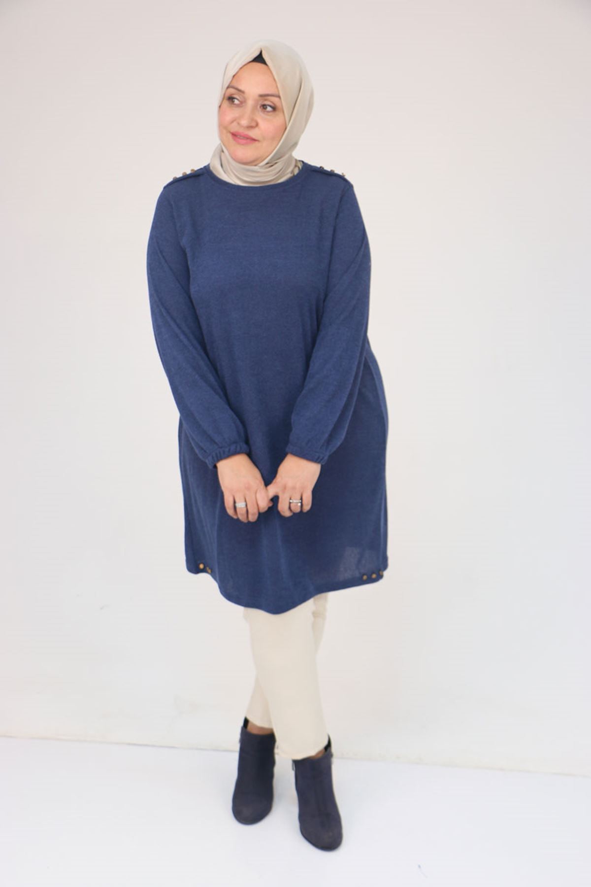 58155 Büyük Beden Kolları Lastikli Perçinli Mir Tunik - İndigo