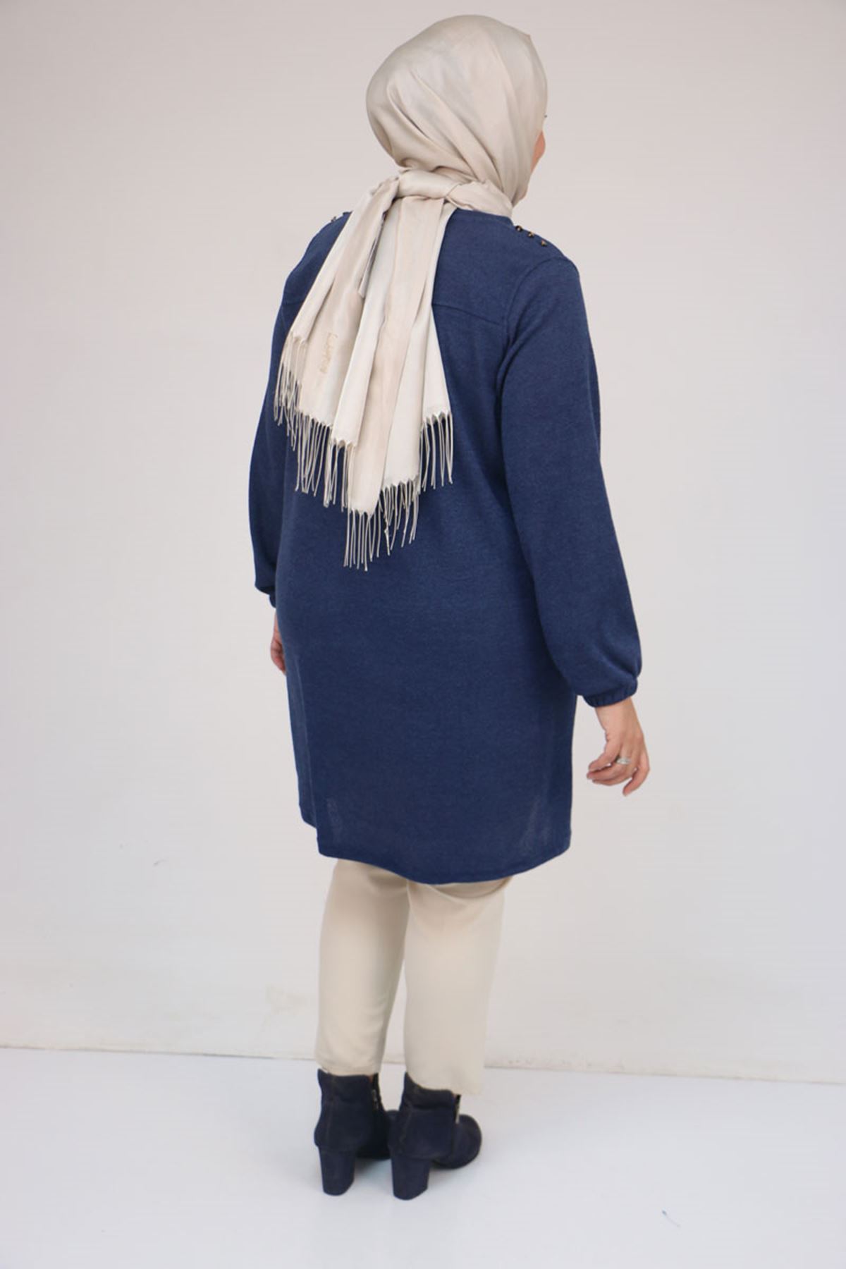 58155 Büyük Beden Kolları Lastikli Perçinli Mir Tunik - İndigo