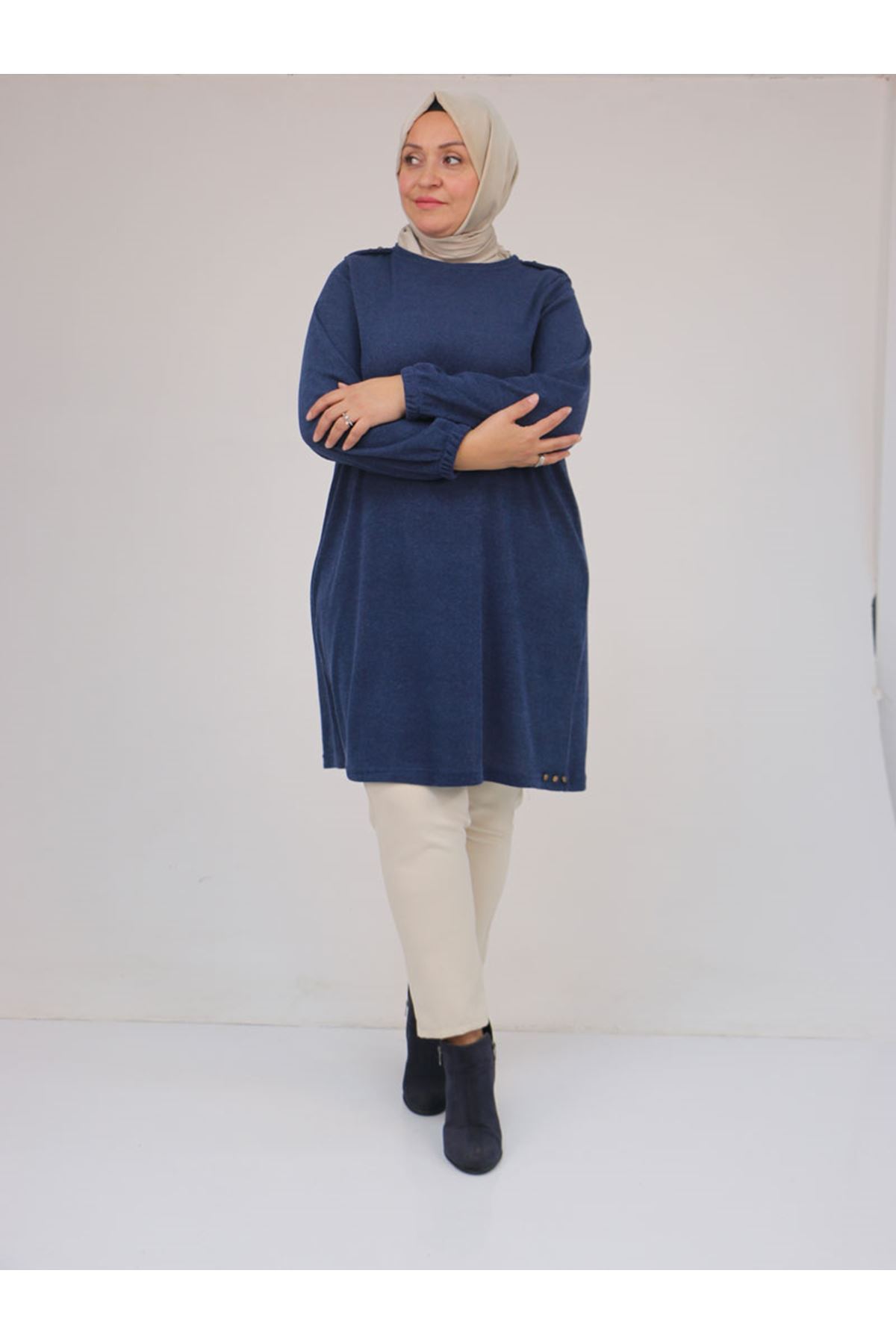 58155 Büyük Beden Kolları Lastikli Perçinli Mir Tunik - İndigo