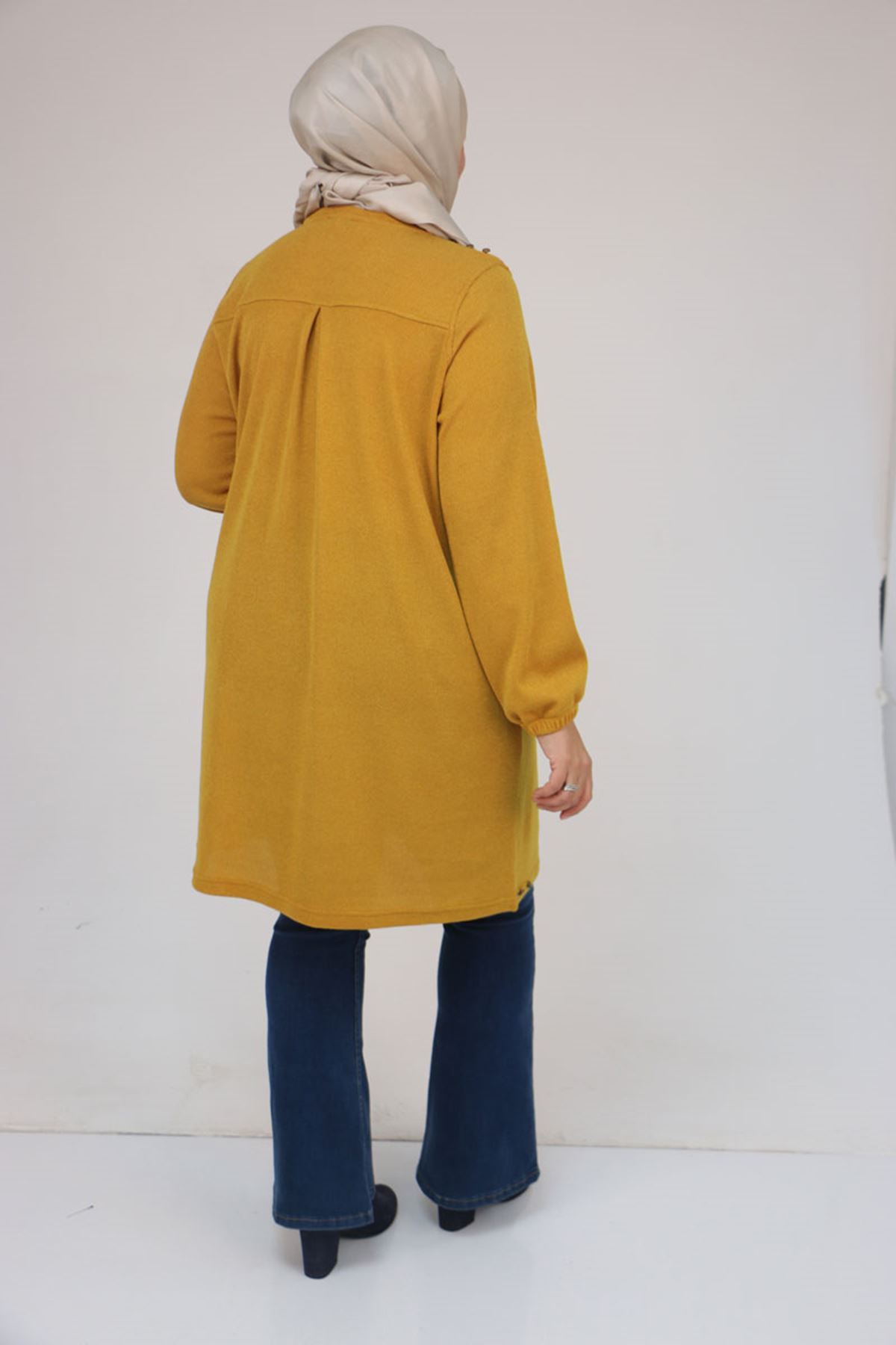 58155 Büyük Beden Kolları Lastikli Perçinli Mir Tunik - Hardal