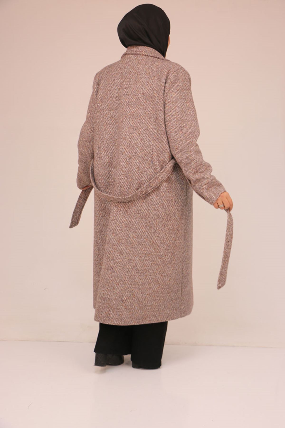 53050 Büyük Beden Şanel Kalın Manşetli Kaban - Kahve