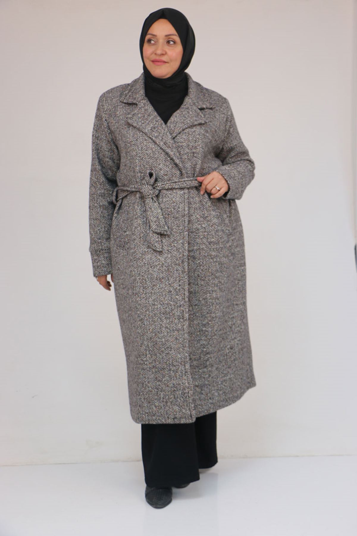 53050 Büyük Beden Şanel Kalın Manşetli Kaban - Siyah