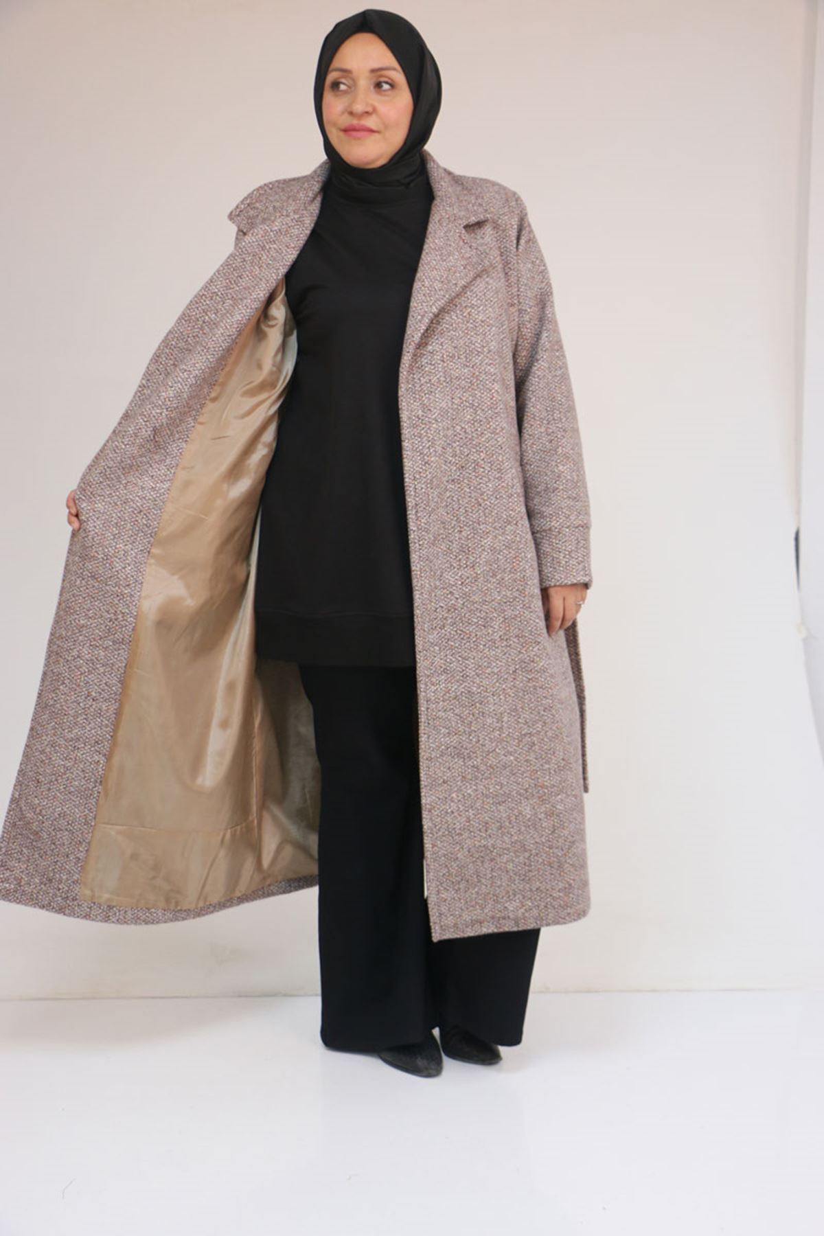 53050 Büyük Beden Şanel Kalın Manşetli Kaban - Kahve