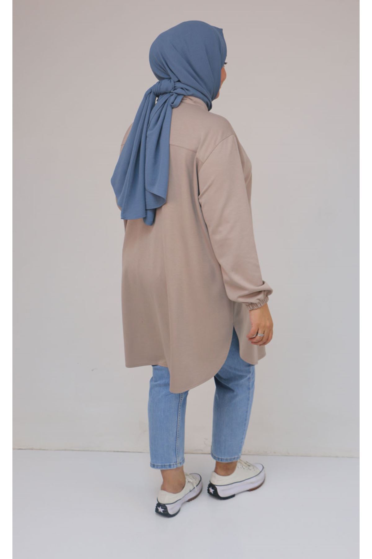 58169 Büyük Beden Hakim Yaka Çıtçıtlı Modal Tunik - Bej