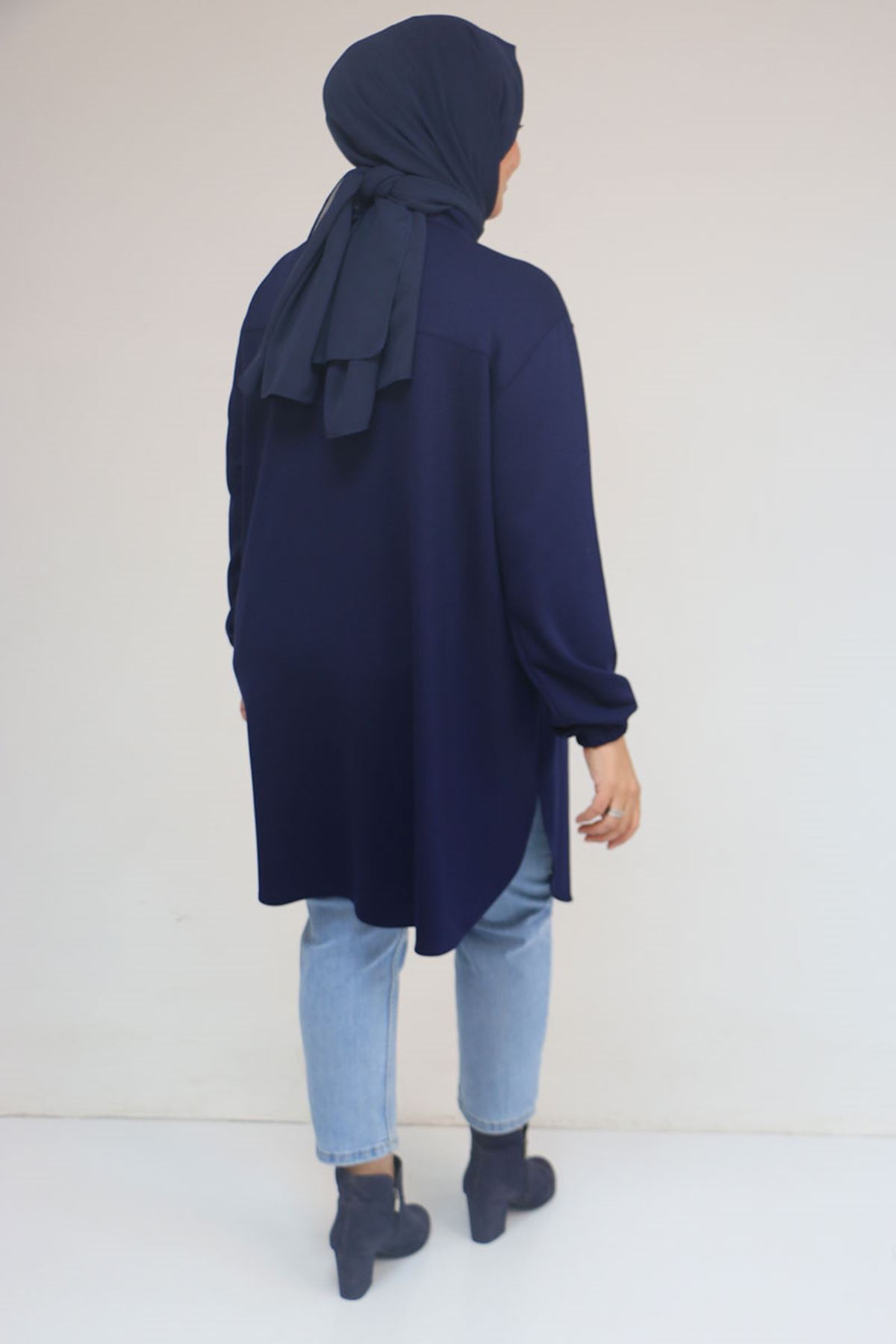 58169 Büyük Beden Hakim Yaka Çıtçıtlı Modal Tunik - İndigo