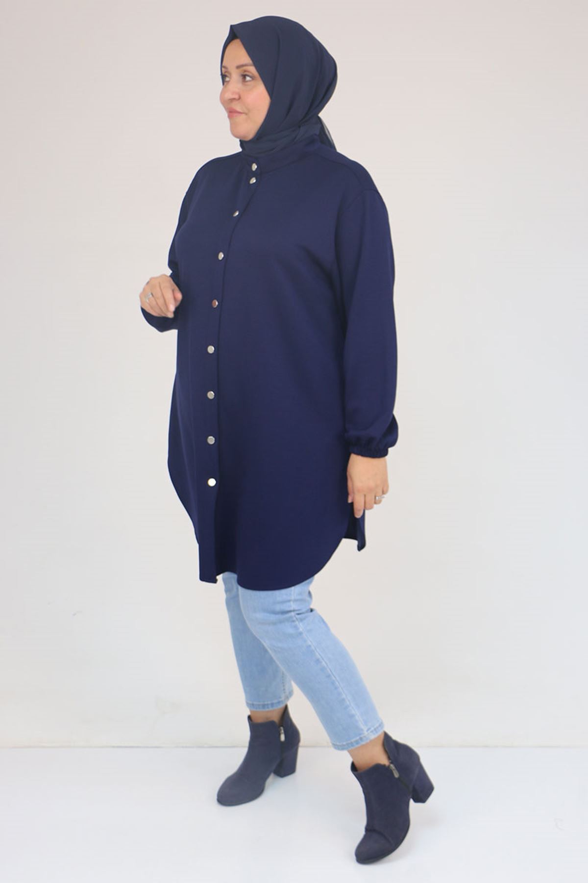 58169 Büyük Beden Hakim Yaka Çıtçıtlı Modal Tunik - İndigo