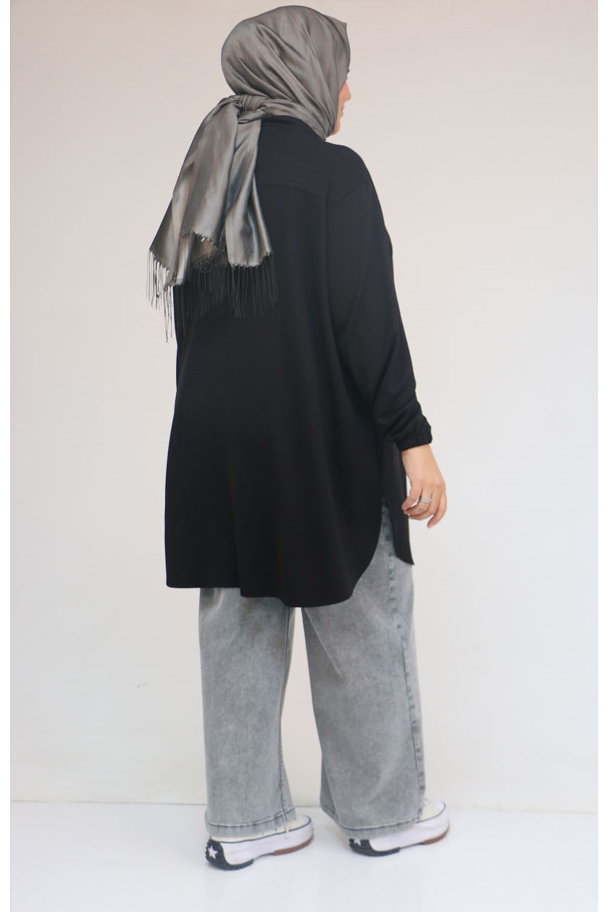 58169 Büyük Beden Hakim Yaka Çıtçıtlı Modal Tunik - Siyah