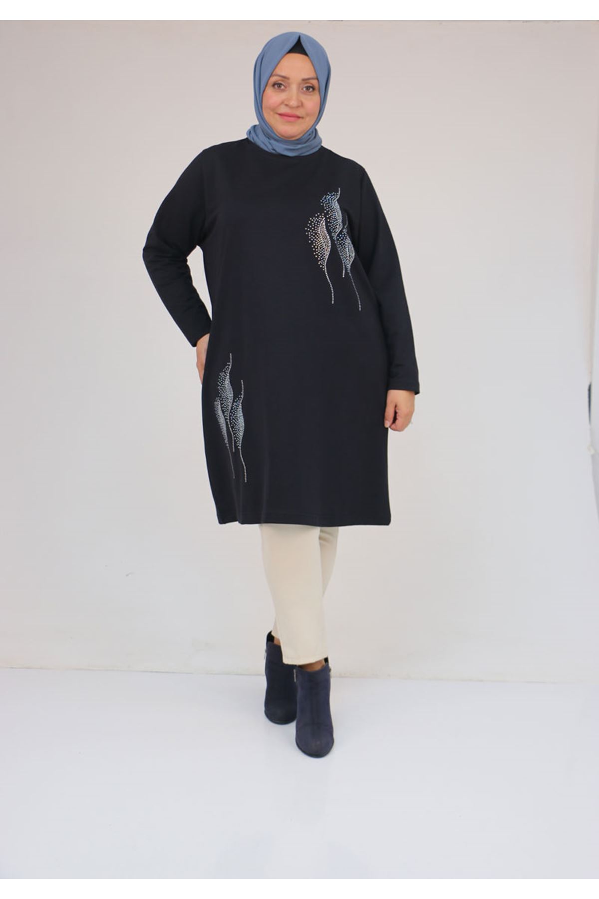 58167 Büyük Beden Taş Baskı Detaylı Modal Tunik - Lacivert