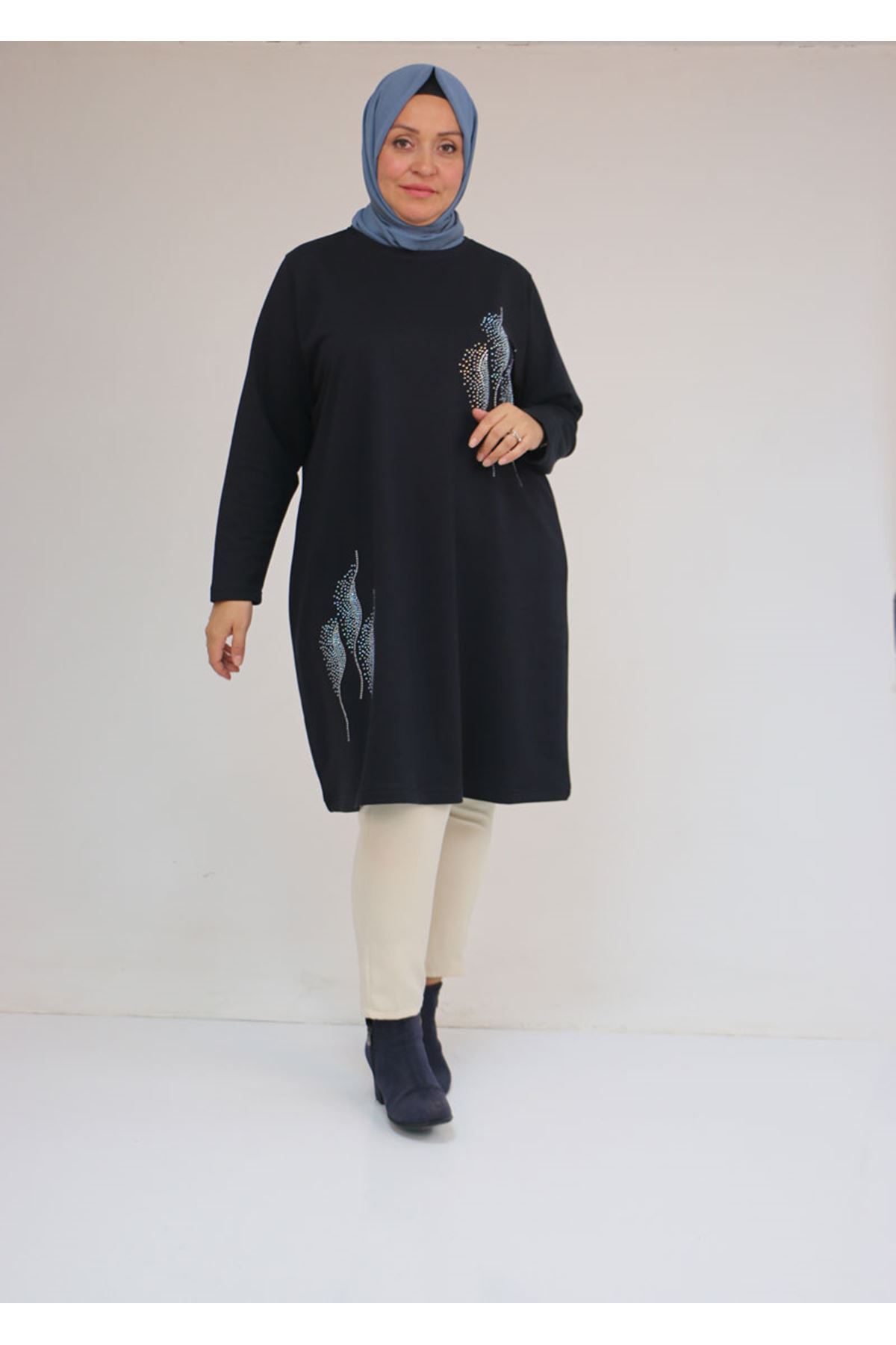 58167 Büyük Beden Taş Baskı Detaylı Modal Tunik - Lacivert