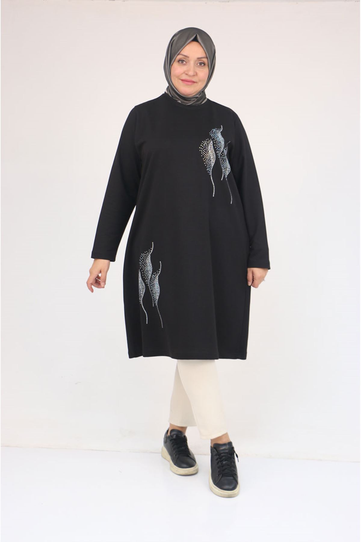58167 Büyük Beden Taş Baskı Detaylı Modal Tunik - Siyah