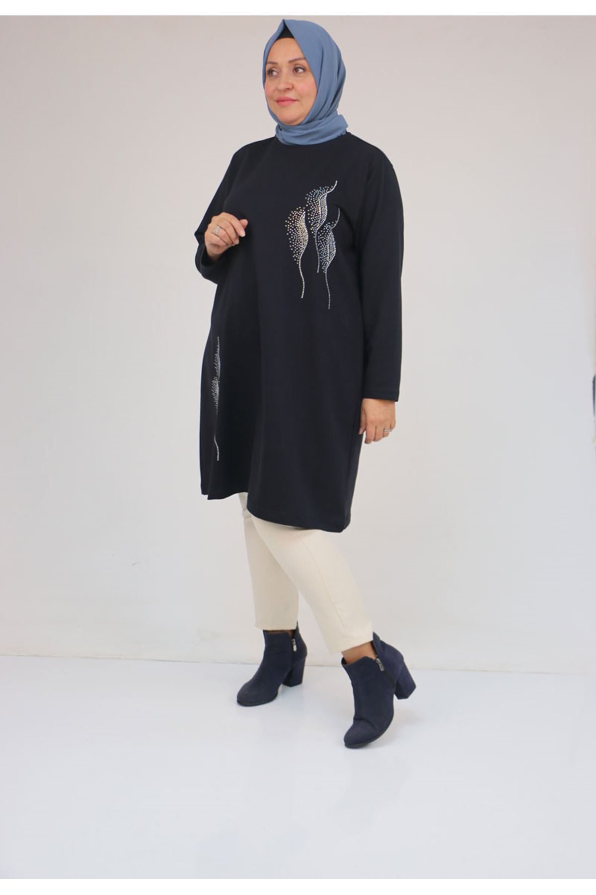 58167 Büyük Beden Taş Baskı Detaylı Modal Tunik - Lacivert