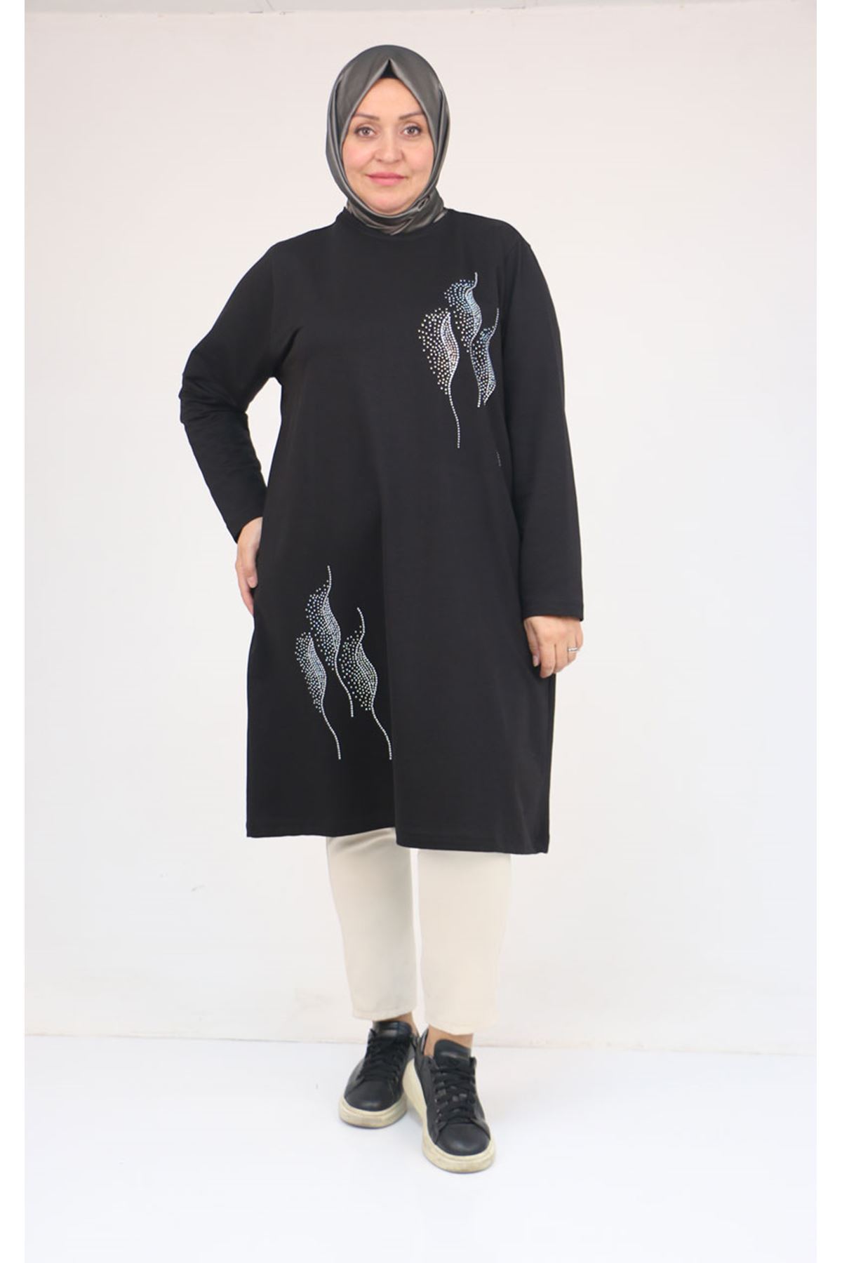 58167 Büyük Beden Taş Baskı Detaylı Modal Tunik - Siyah