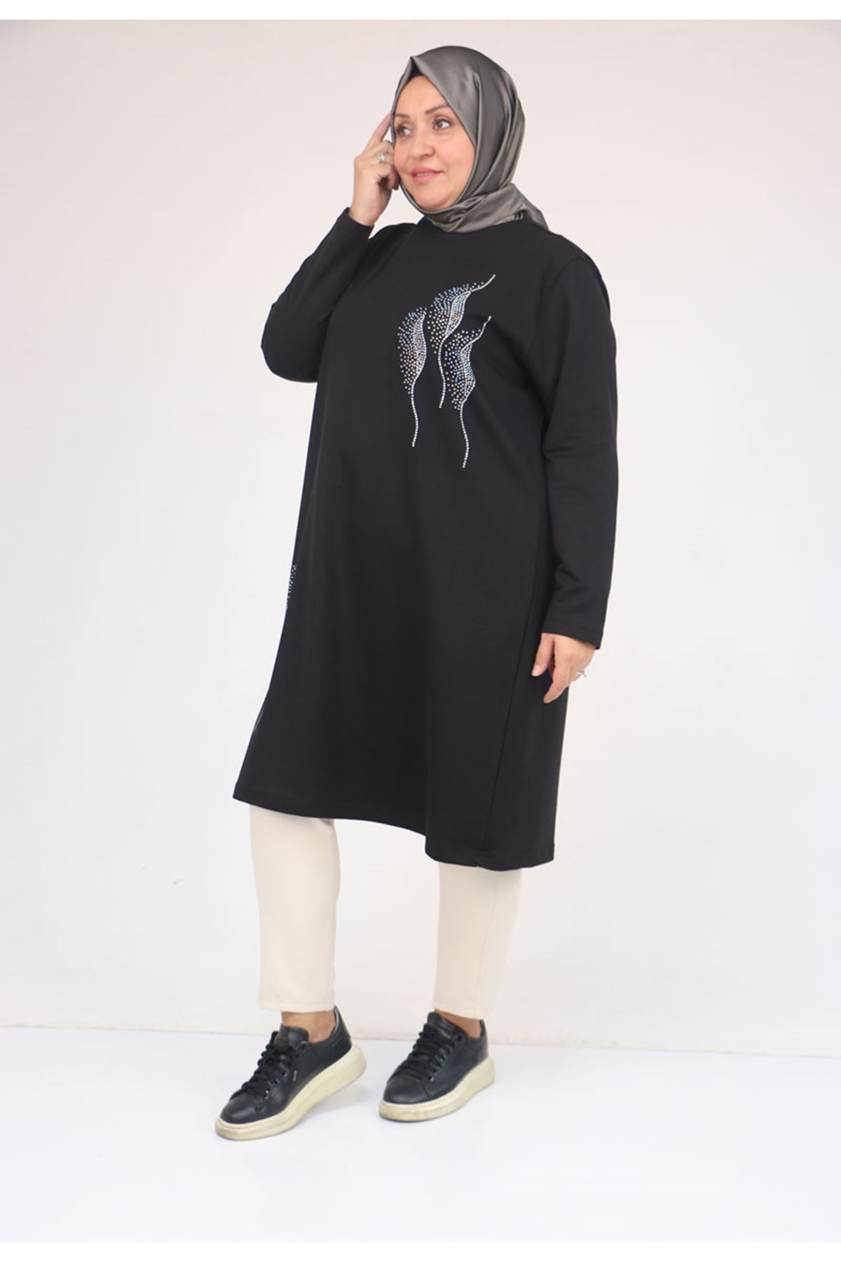 58167 Büyük Beden Taş Baskı Detaylı Modal Tunik - Siyah