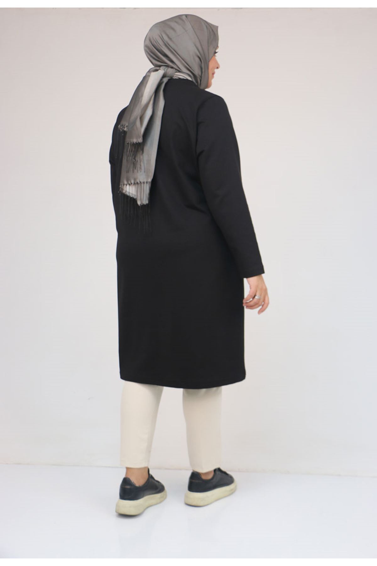 58167 Büyük Beden Taş Baskı Detaylı Modal Tunik - Siyah