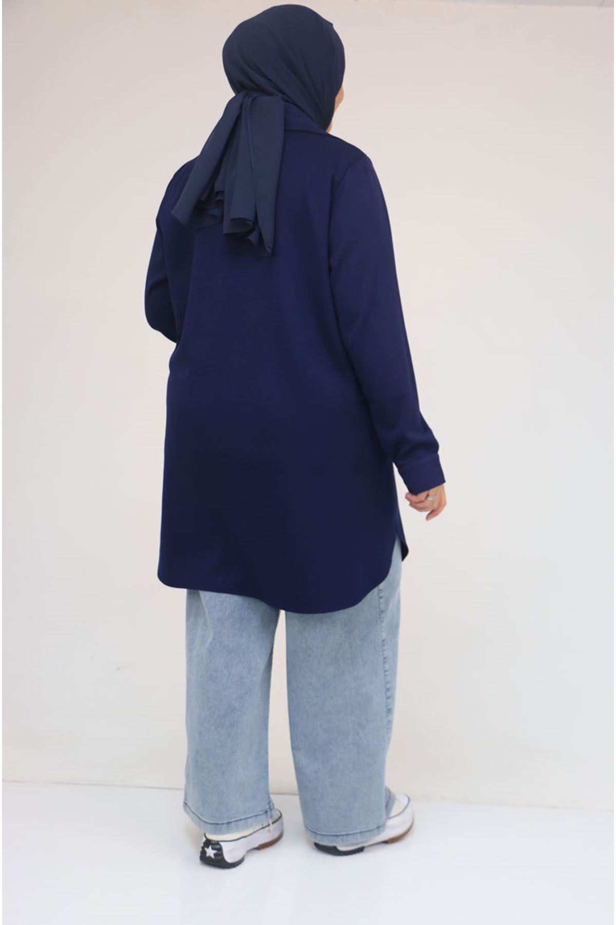 58168 Büyük Beden Erkek Yakalı Çıtçıtlı Modal Tunik - İndigo