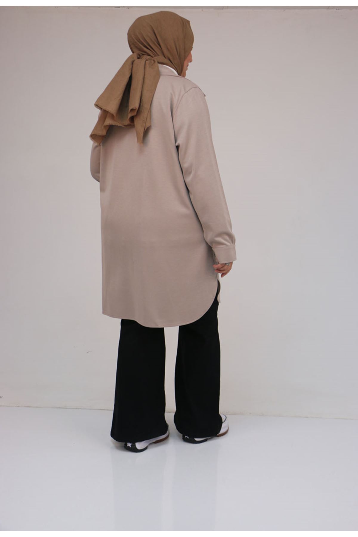 58168 Büyük Beden Erkek Yakalı Çıtçıtlı Modal Tunik - Bej