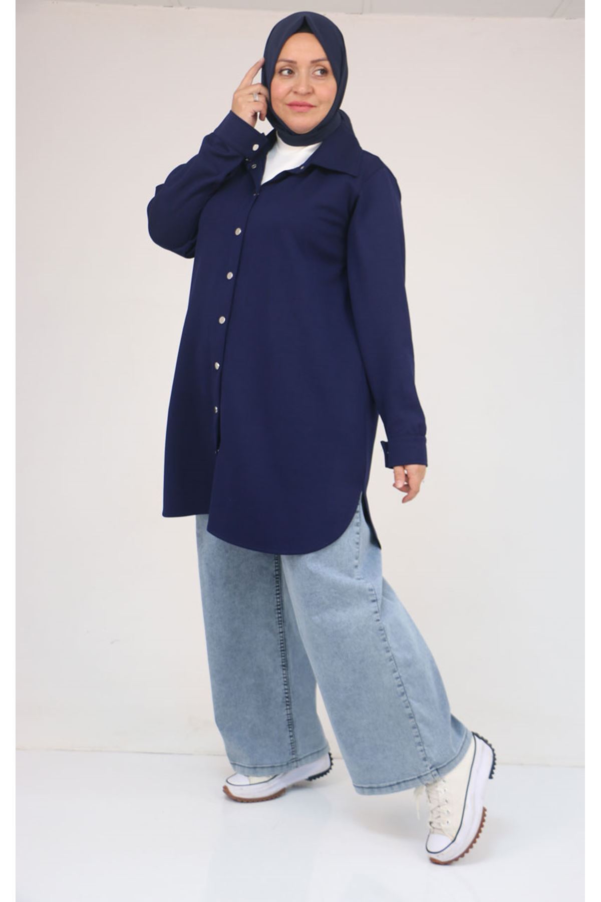 58168 Büyük Beden Erkek Yakalı Çıtçıtlı Modal Tunik - İndigo