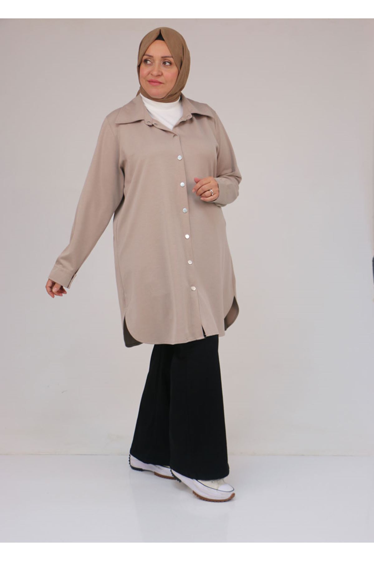 58168 Büyük Beden Erkek Yakalı Çıtçıtlı Modal Tunik - Bej